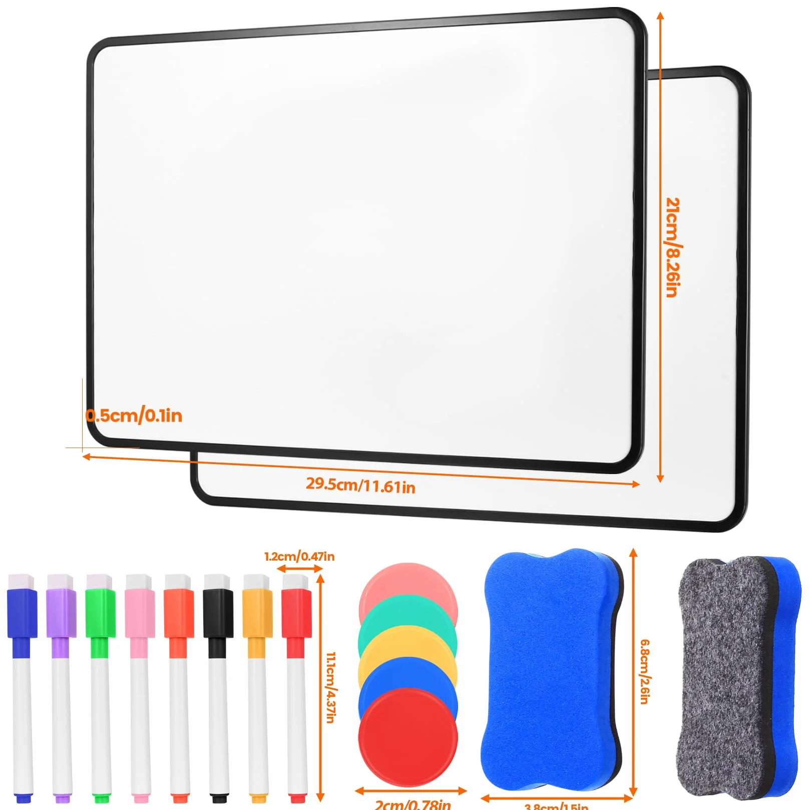 Pizarra Blanca A4 Doble Cara Borrable en Seco con Rotuladores Magnéticos e Imanes 29,5 x 21 cm