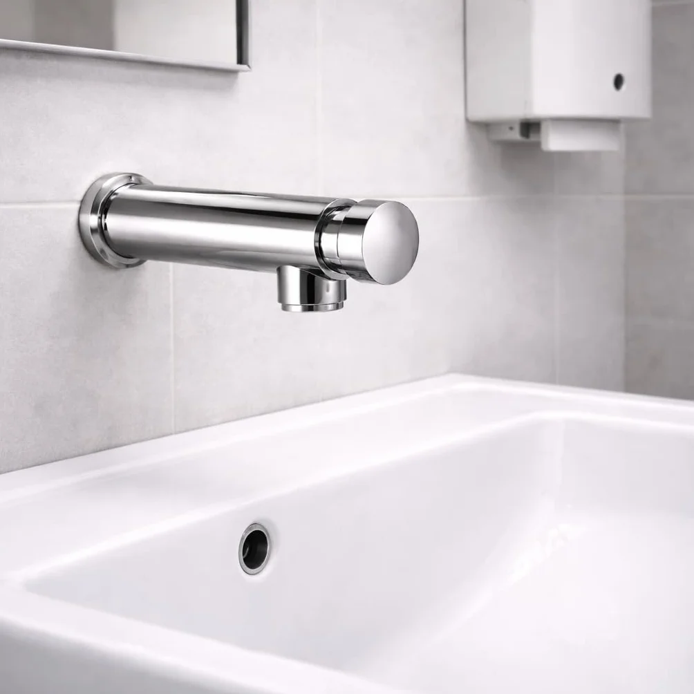 Grifo Frontal Temporizado con Cierre Automático, Ahorro de Agua, Acabado Cromado, Ideal para Baños Públicos y Comerciales