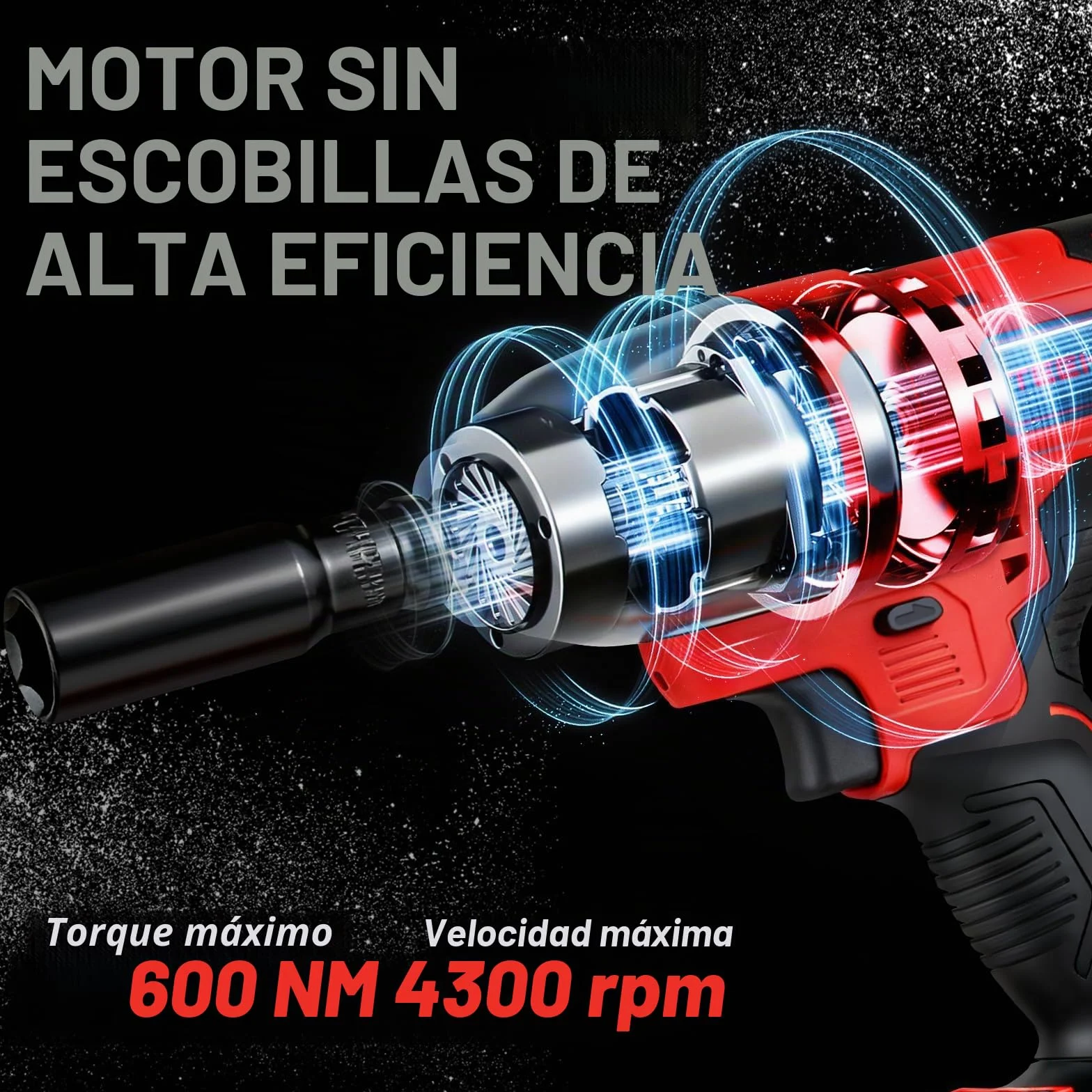 TEENO Llave de impacto, inalámbrica,1/2" Pistola de Impacto Bateria 600 Nm con batería de 1x4.0Ah, llave de impacto con 4 boquillas(17/19/21/22mm), giratoria para coche y uso