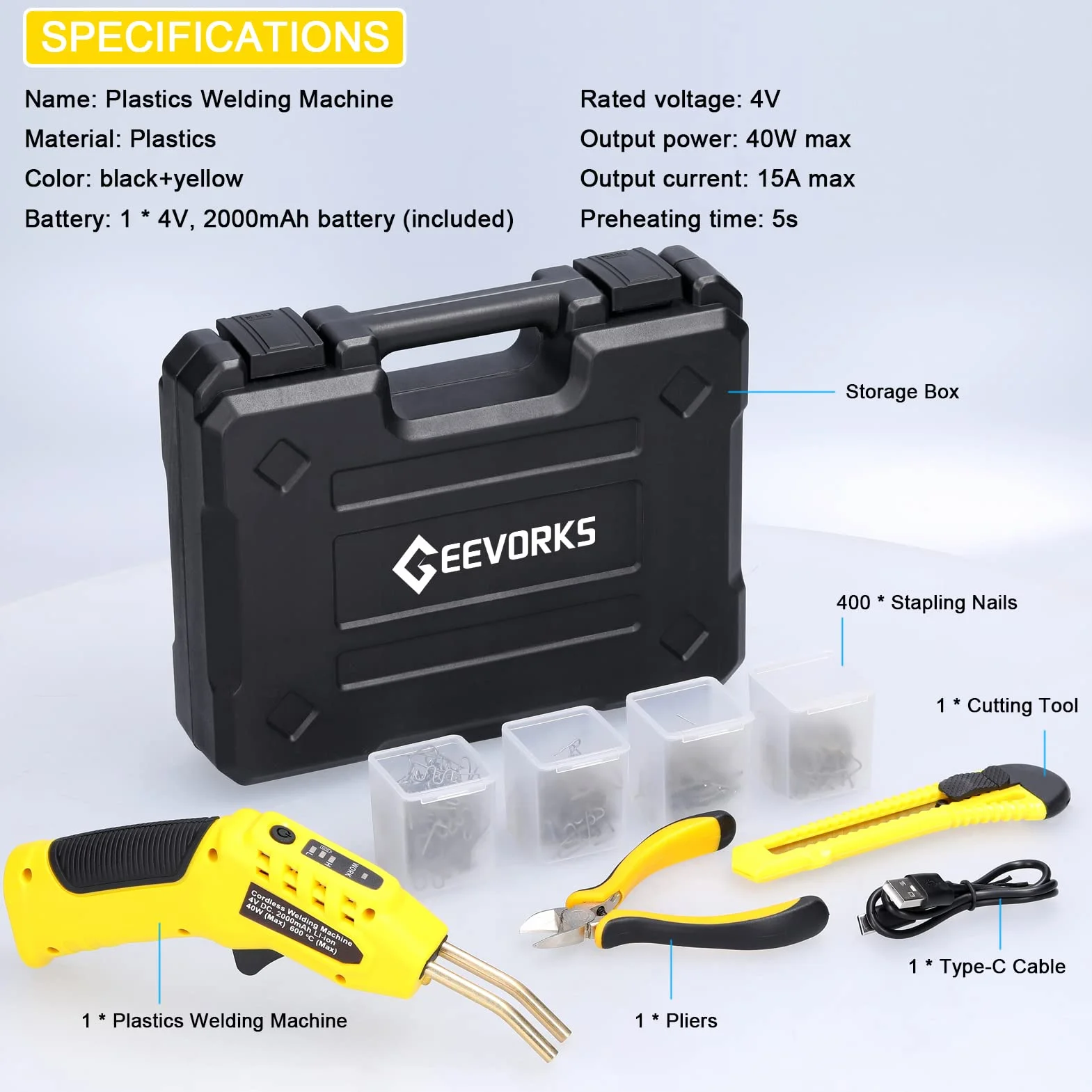 Soldadora Plastico de Batería 30W Grapas Soldadura Plástico Inalámbrico Portátil, Grapadora en Caliente de Corte Térmico, Pistola Soldar Plastico con 4 Cajas de Grapas y Alicate para Coches