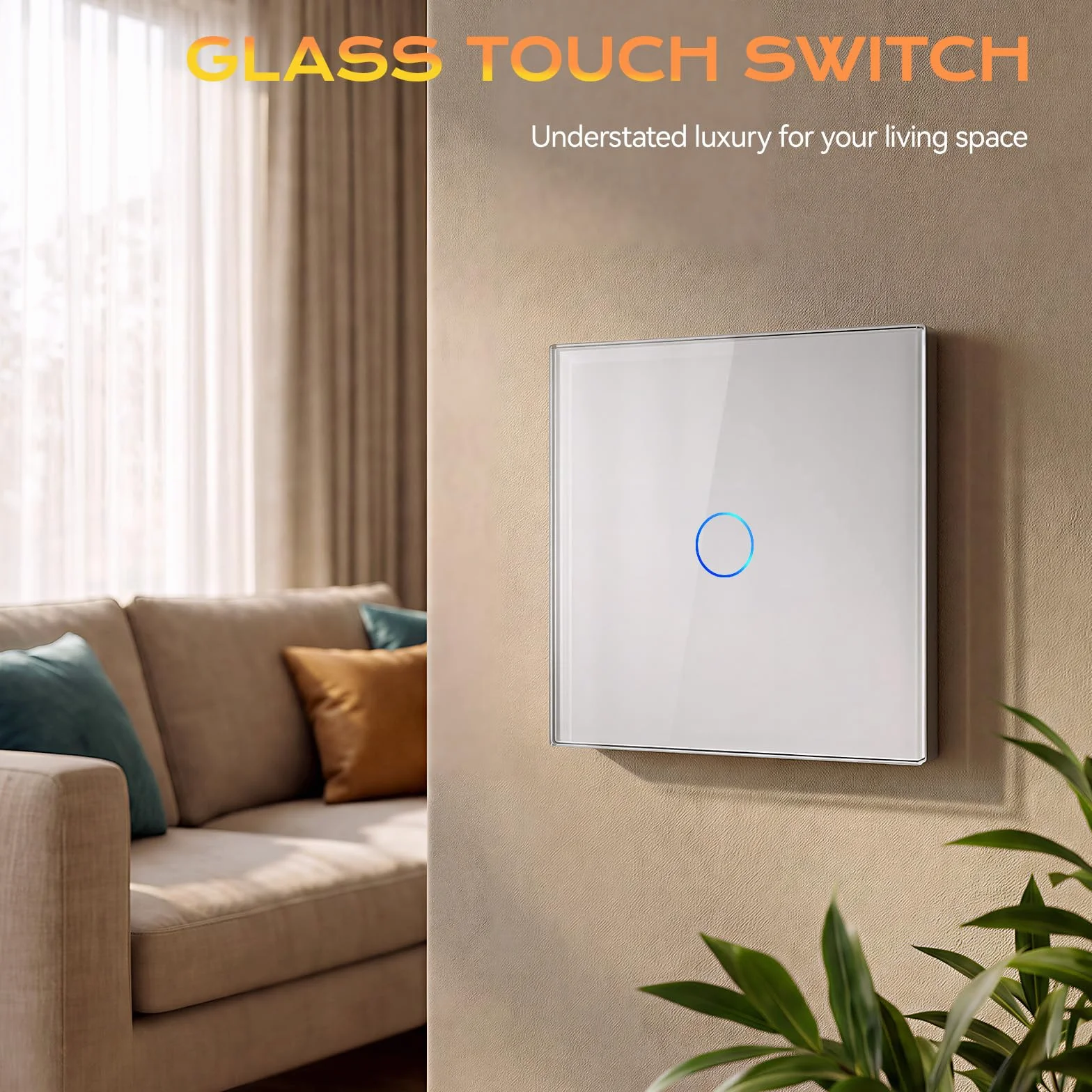 BSEED Interruptor Tactil luz pared,Vidrio Panel con luz Piloto,Sin Función Wifi,1 Gang 1 Vía,86mm Blanco
