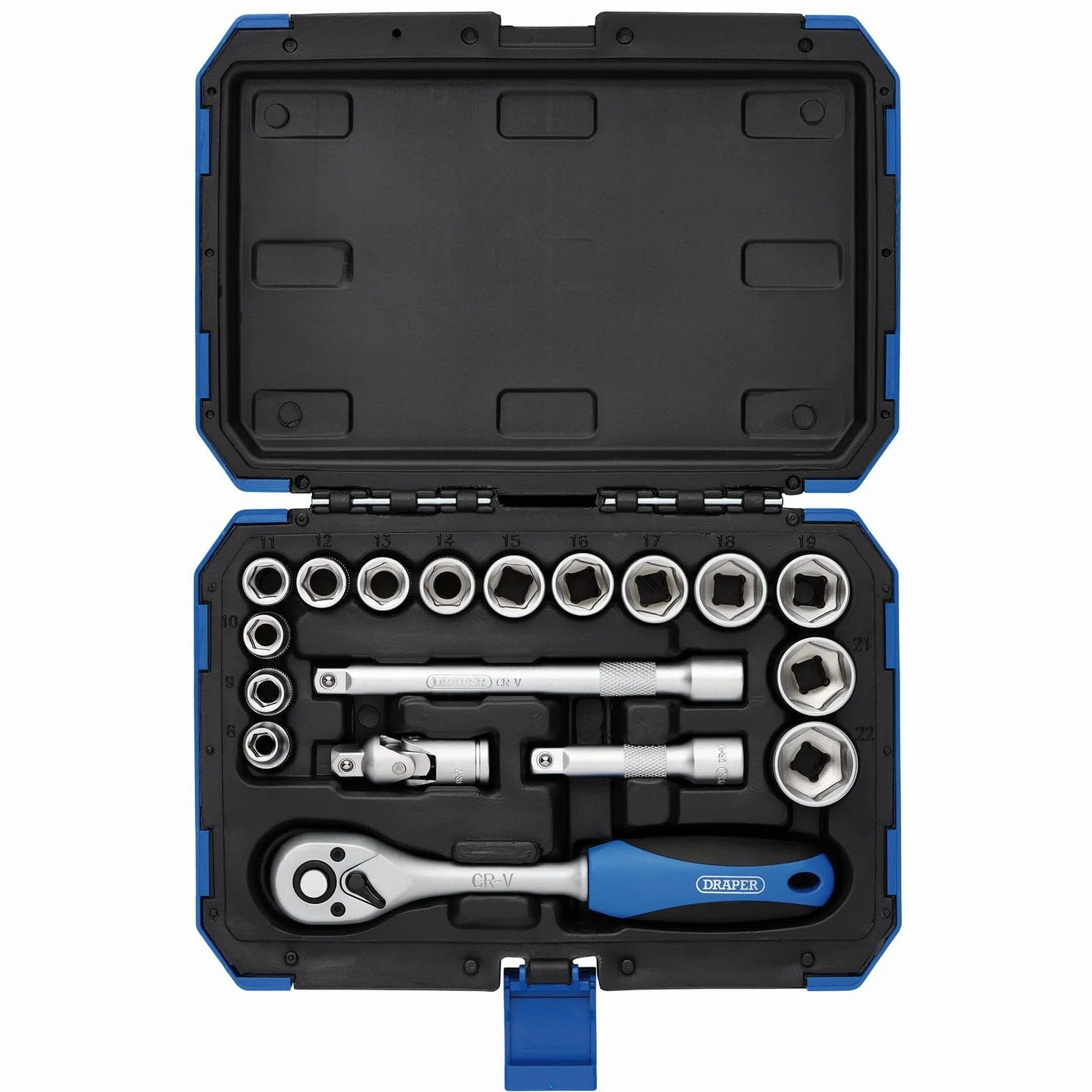 Draper Juego de llaves de vaso métricas de 18 piezas con herramienta de trinquete y estuche, unidad cuadrada de 3/8 pulgadas, kit profesional para bricolaje y coche