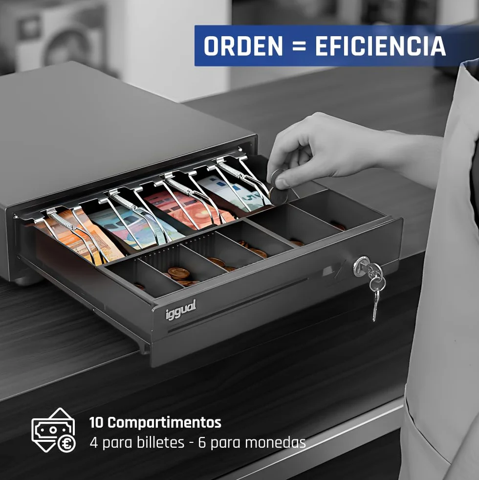 Cajón Portamonedas IRON-10 Caja Efectivo Registradora Manual Automática 4 Billetes 6 Monedas Cerradura 3 Posiciones Acero Plástico Negro 38x33.5x8