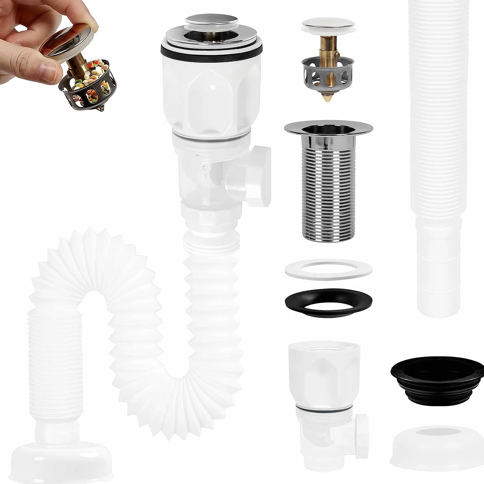 Sifón Lavabo Flexible Kit, Desague Lavabo con Tubo Fregadero y Filtro Emergente, Blanco