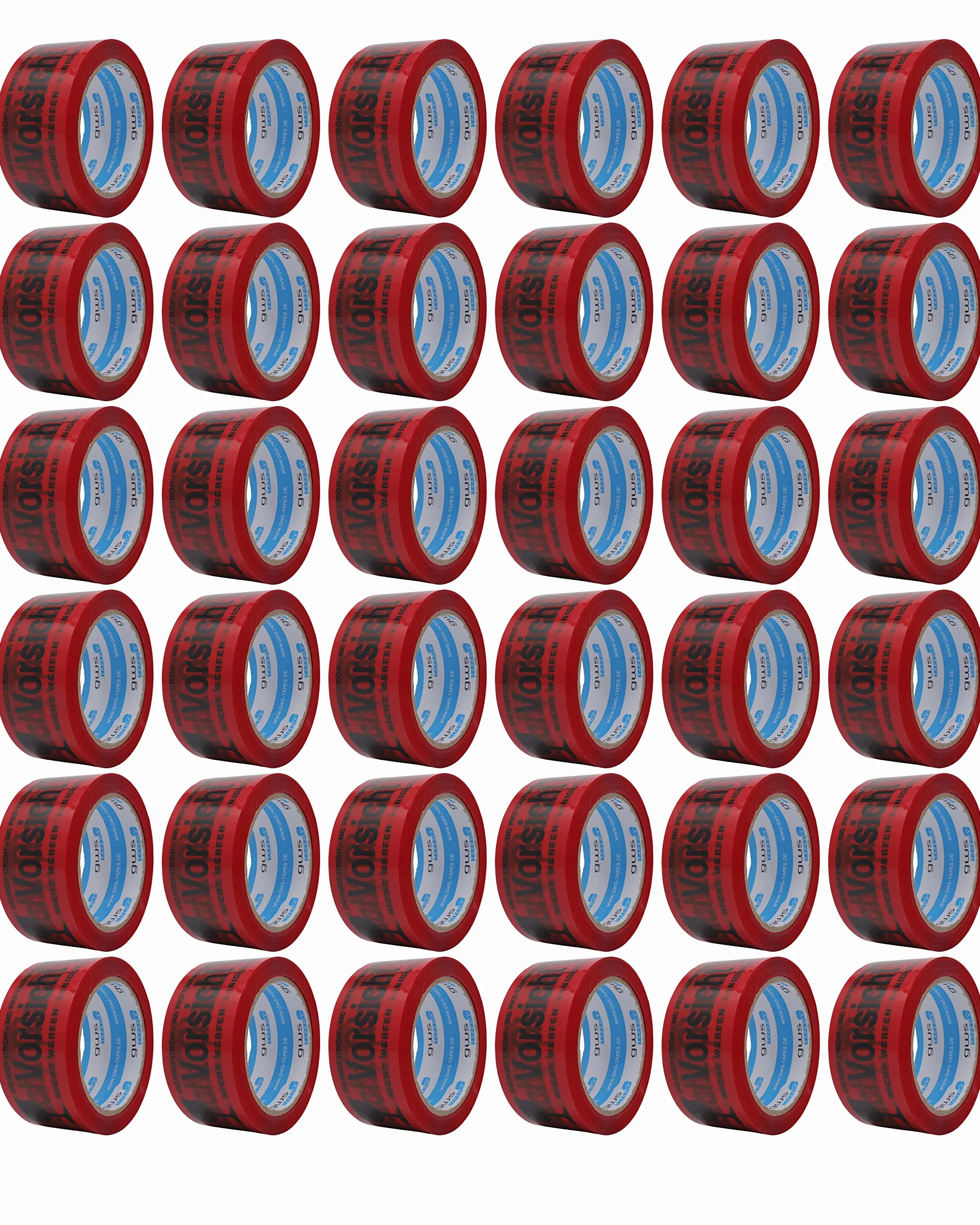gws Cinta de embalaje de cristal rojo PP silenciosa | Cinta adhesiva de calidad profesional | Cinta de advertencia alemana e inglés | 50 mm x 66 m (36 rollos)