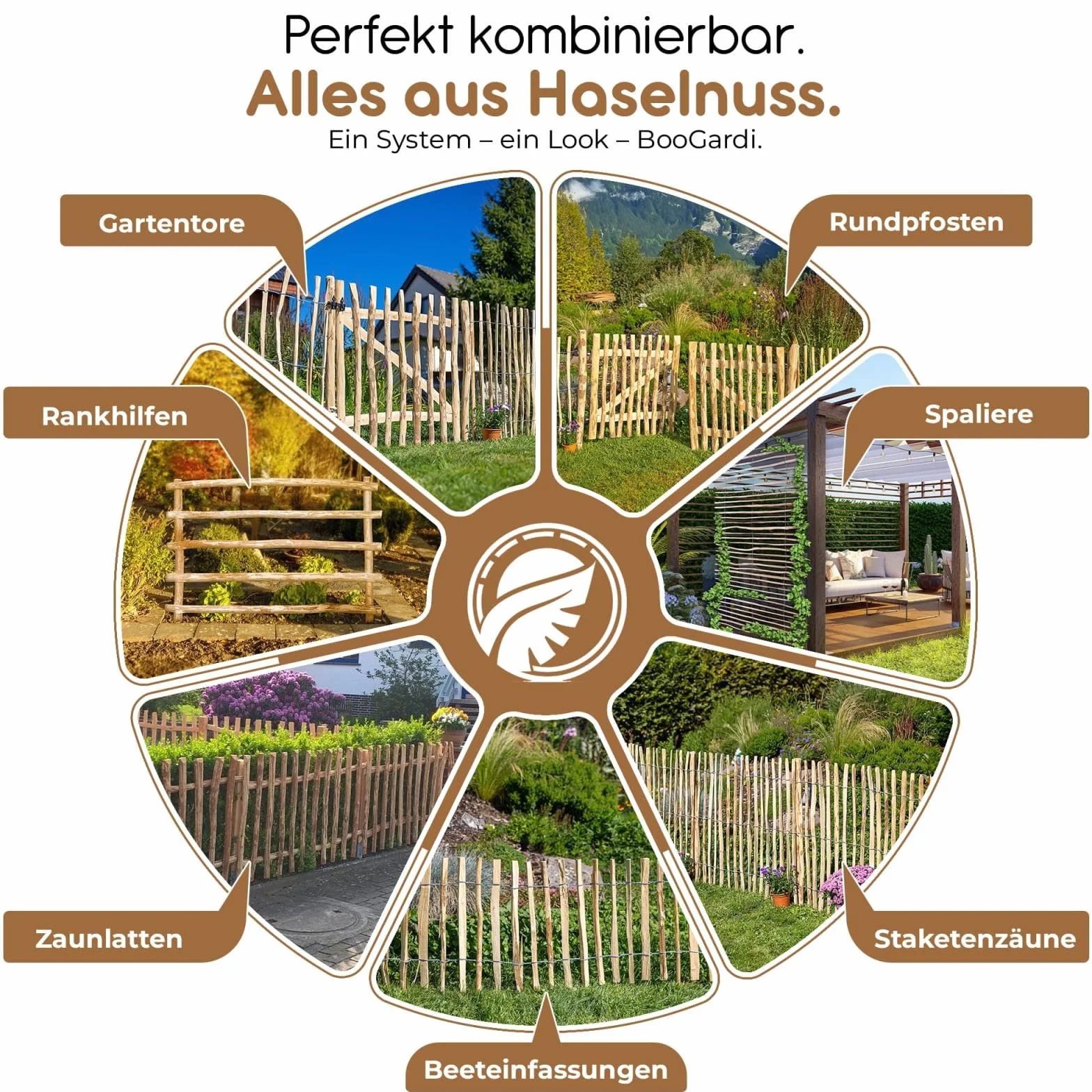 Juego de puerta de jardín avellana 120 tamaños • 80-300 cm de ancho • 80-150 cm de alto • 3-5 o 7-9 cm de distancia entre listones • Ancho 300 cm • Altura 100 cm 3-5 cm
