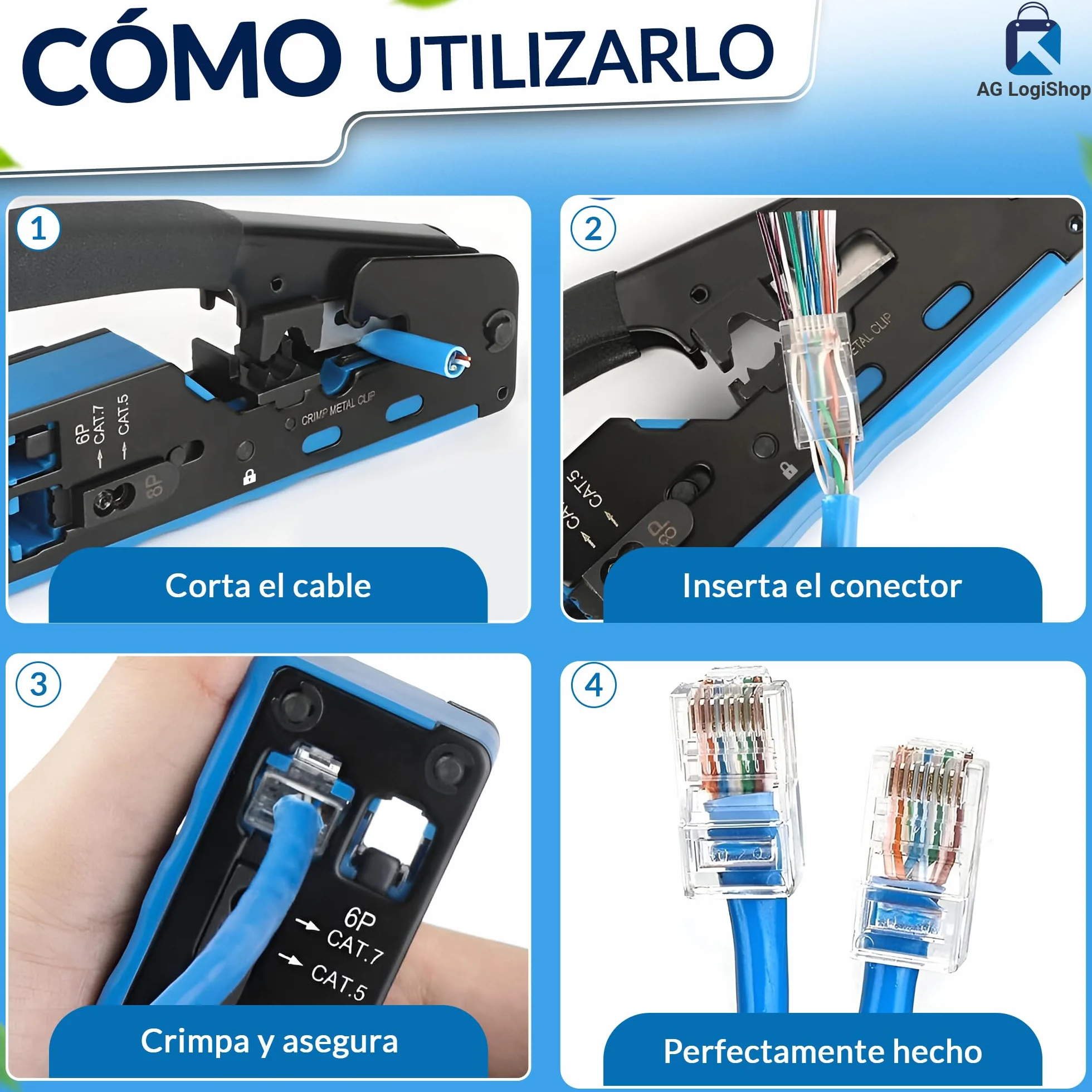 AG LogiShop Kit Herramienta de Crimpado RJ45 + Alicates + Pelacables + Comprobador de Conexión + 50pc Conectores + 50pc Fundas + Bolsa de Almacenamiento | Cat5/5e/6/7 + 6P/8P