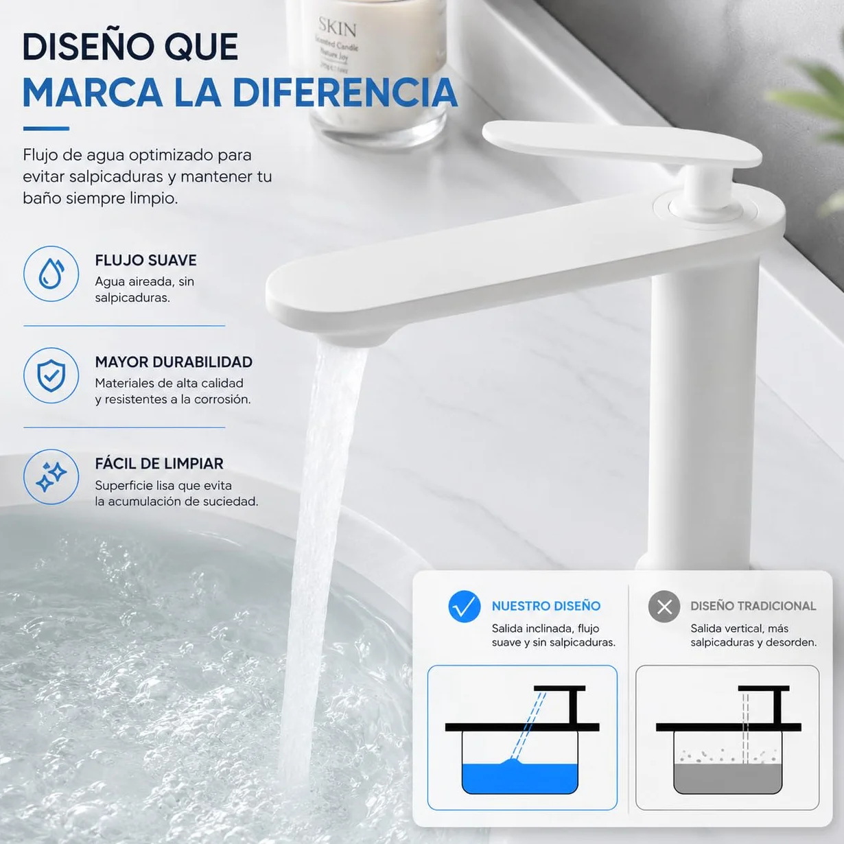 Grifo de Lavabo Blanco Satinado de Acero Inoxidable 304, Diseño Minimalista, Monomando Moderno para Baño, Fácil de Instalar