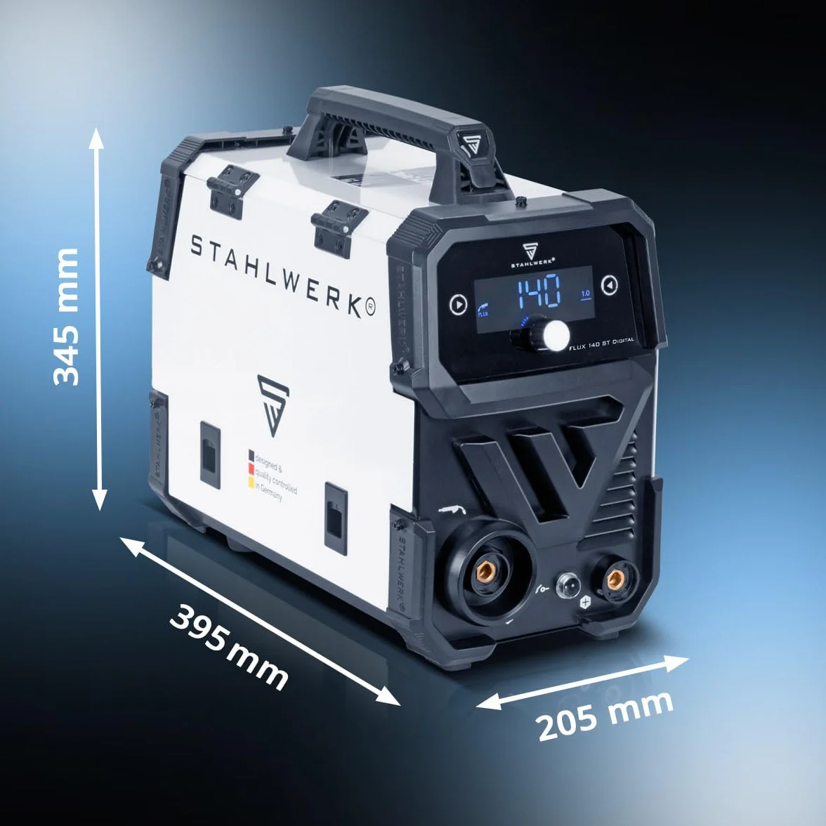 STAHLWERK Soldadora FLUX 140 ST Digital – Soldadura con hilo hueco sin gas protector hasta 140 A, compacta, avance de hilo sinérgico, luz LED integrada, función Lift-TIG & MMA (Electrodo/ARC), IGBT