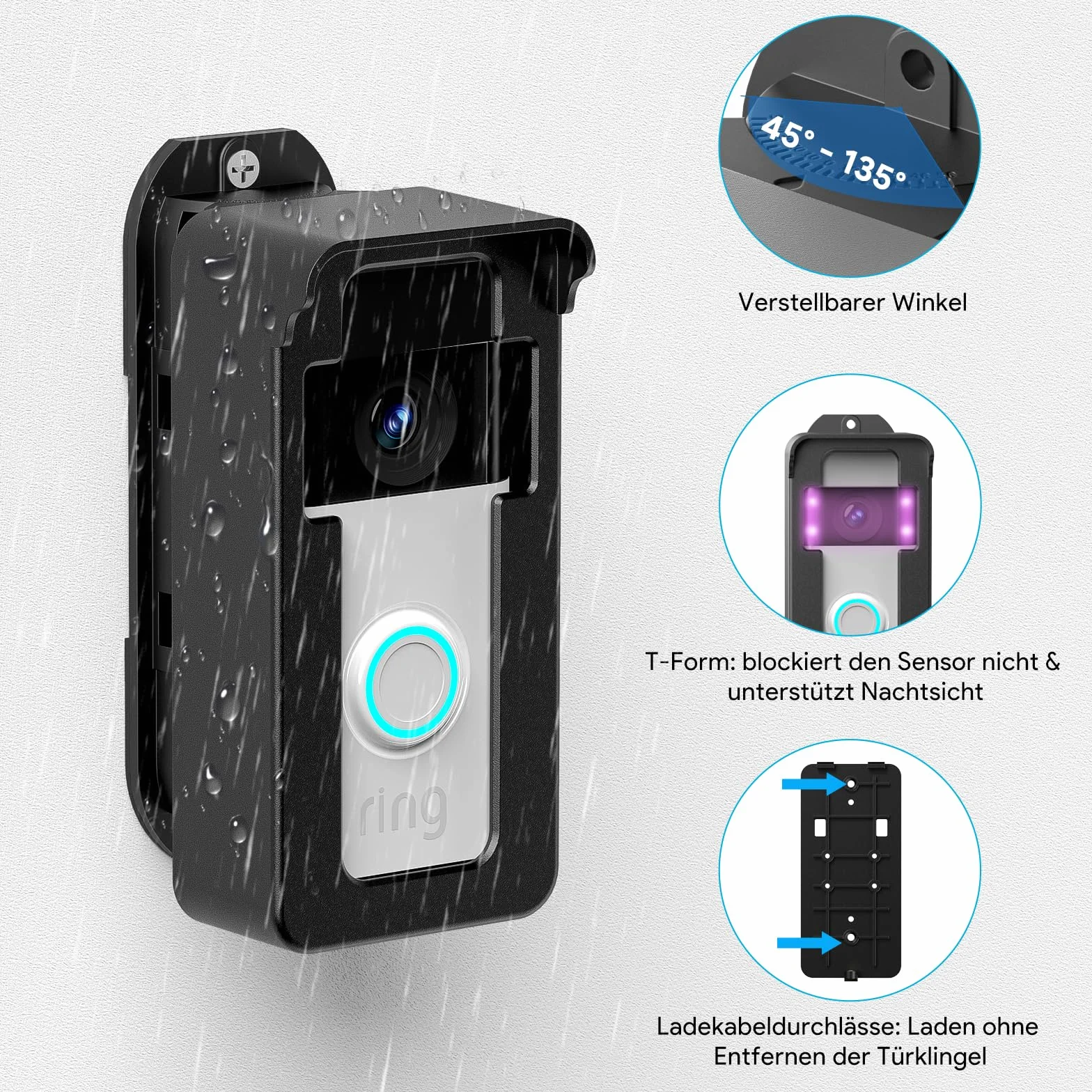 Soporte para Timbre con Vídeo a Prueba de Lluvia, 45-135° Compatible con Video Doorbell Wired/Pro-Pro2/4/3 Plus/3/2/1(Batería), Soporte Angular Antirrobo para Timbre, Accesorios Ajustables para Timbre
