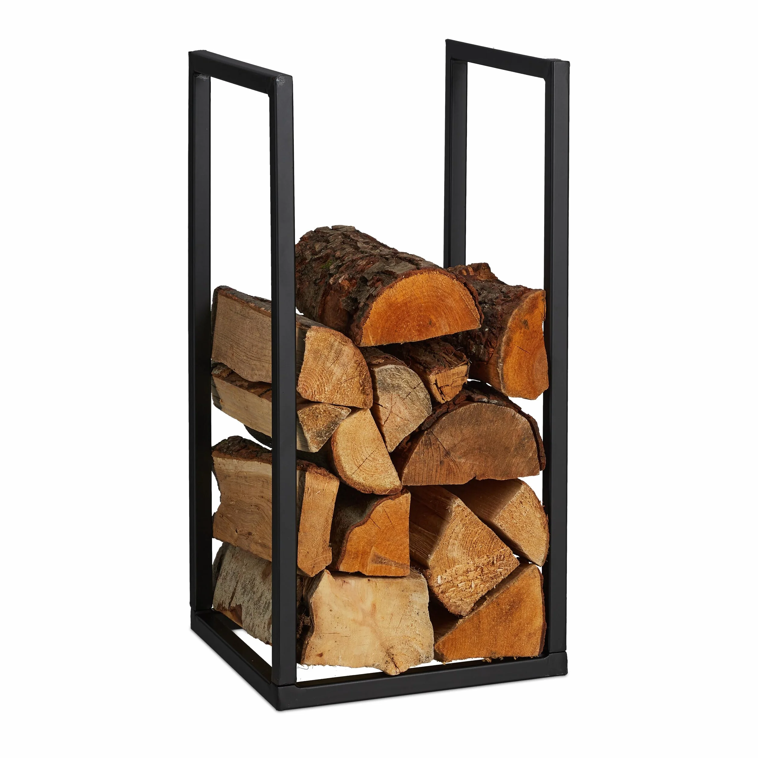 Relaxdays Leñero para Chimenea Mediano, Metal, 60x30x30 cm, Estante de Leña para Interior, para Apilar Troncos, Negro