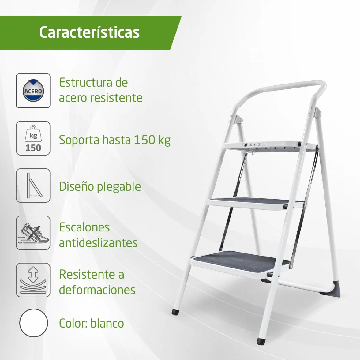 Amig - Escalera Plegable - Taburete de Acero con 3 Peldaños Antideslizantes – Medidas: 72 x 65 x 101 cm - 150 kg - Acabado Blanco con Protectores Negros – para Uso Profesional y Doméstico