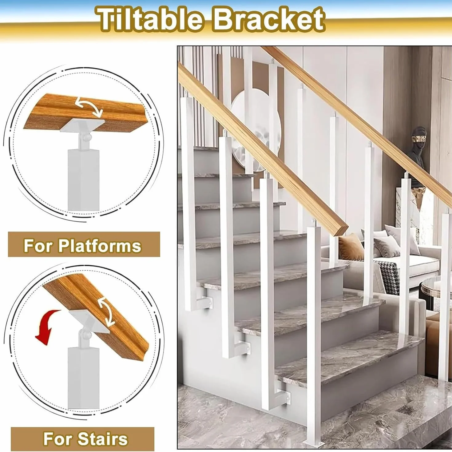 Columnas de barandilla de escaleras en el lado, columnas de barandilla de hierro cuadrado, columnas de eje principal de soporte plano ajustable de 270 °, columnas de barandilla,White-1pcs-90cm/35.4in