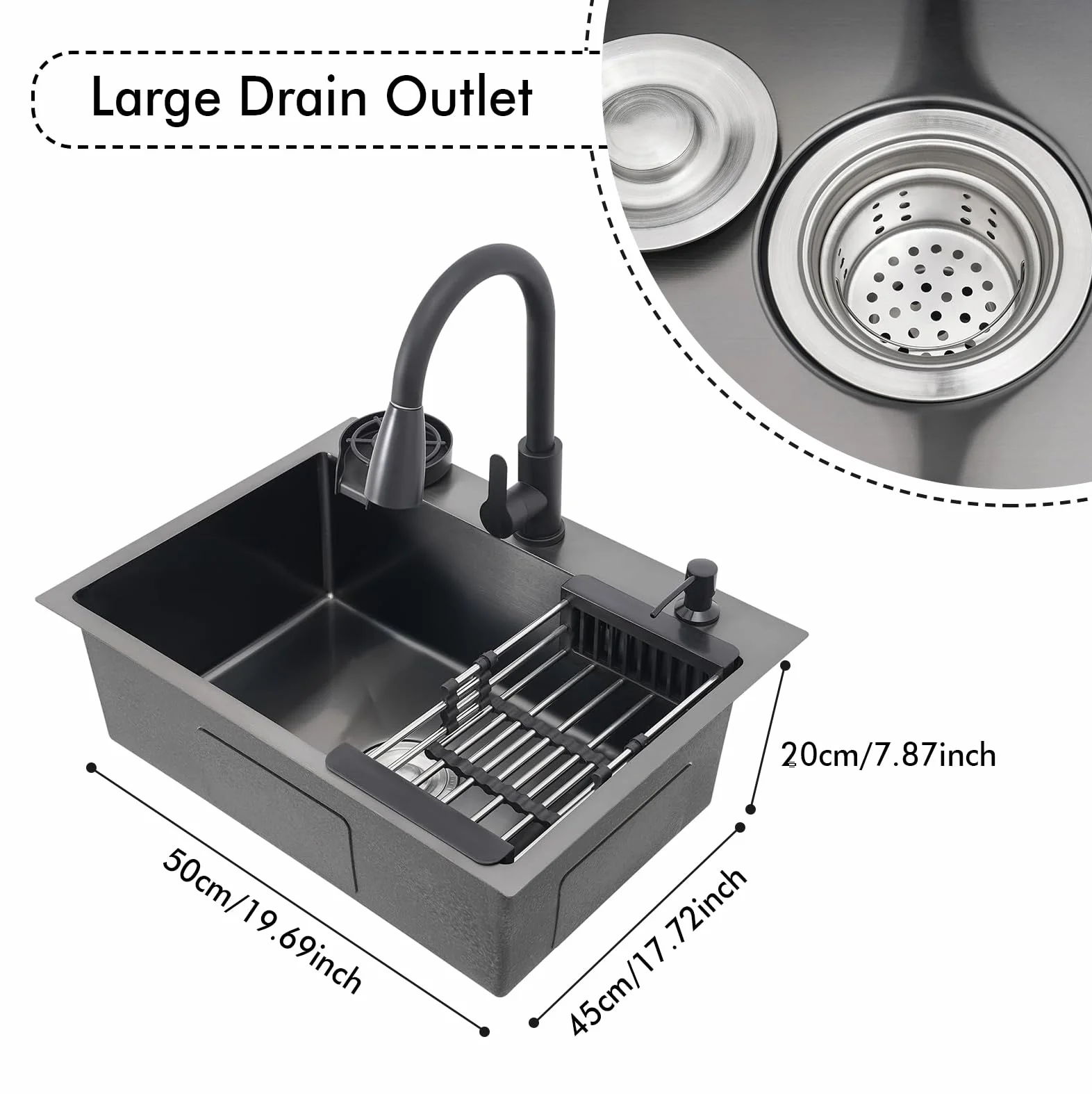 Fregadero negro 50x45 cm, fregadero de cocina de acero inoxidable, lavabo de cocina con grifo extraíble, dispensador de jabón, fregadero de cocina pequeño de acero inoxidable, fregadero empotrado incl