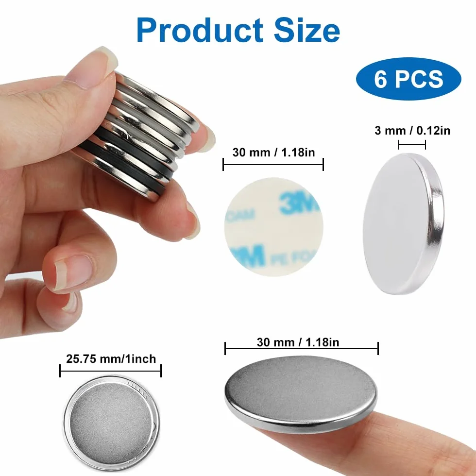 Imanes De Neodimio Fuertes 30x3mm, 6 Piezas, Portante 8 Kg, con Autoadhesivos