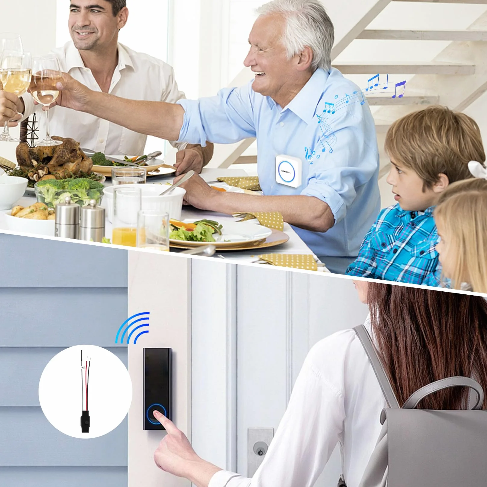 SINGCALL Juego de Extensión de Radio Timbre Inalámbrico Gong para Sistemas de Timbre Existentes con 32 Tonos y Volumen 0-100 dB para Hogar/Garaje/Apartamento,1 Receptor Portátil+1 Convertidor de Radio