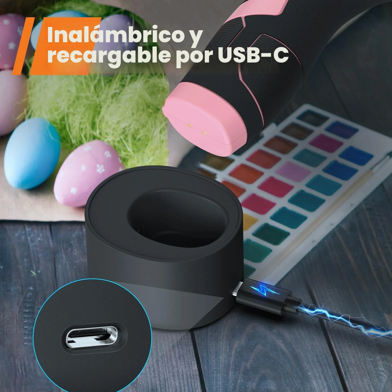 GoGonova Pistola de pegamento caliente inalámbrica 4V GT01002131 Rosa, Inalámbrica, 5W, 4V DC, 5Ah, 15s, 180min, USB Type-C, 25 barras de pegamento, Papel, Algodón, Plástico