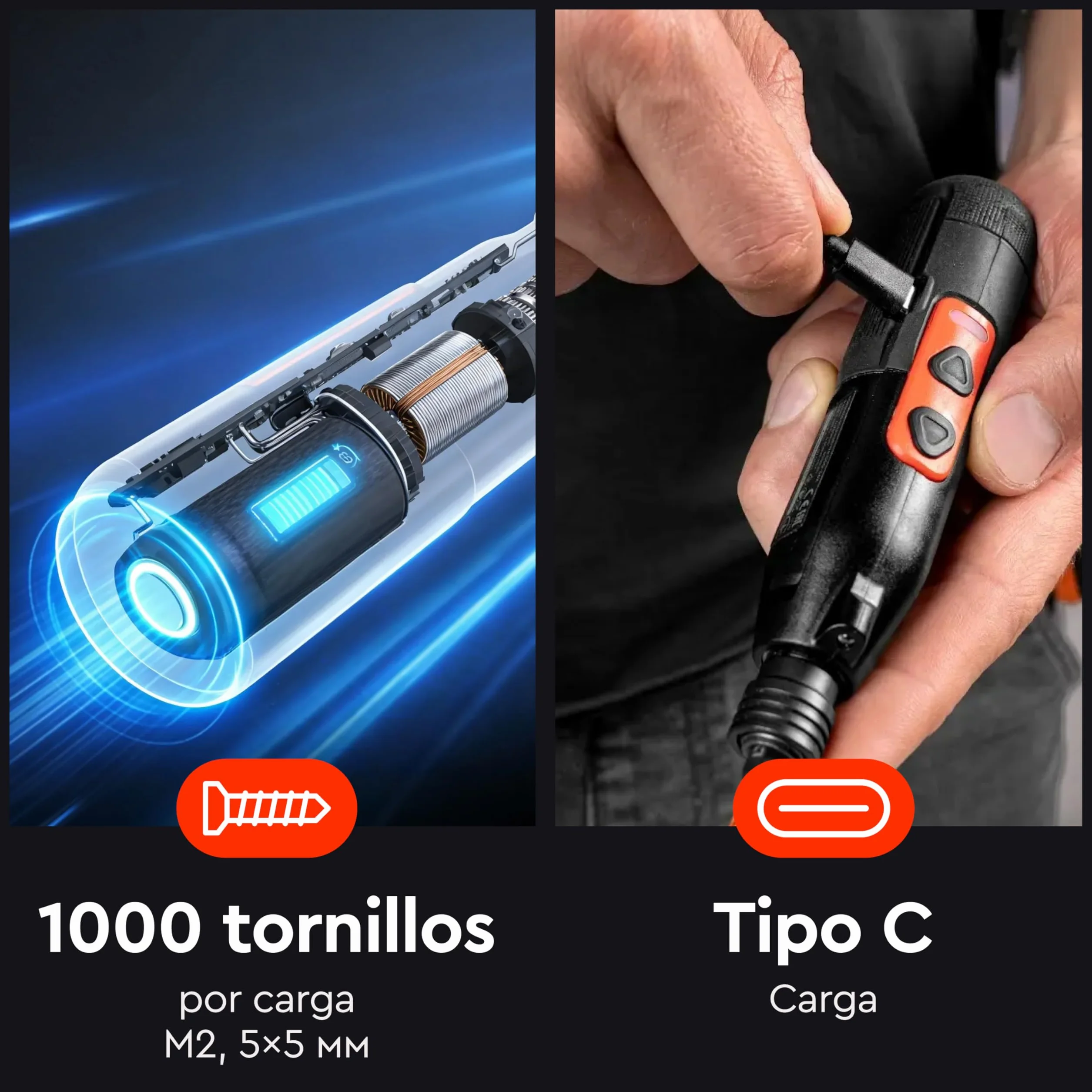 Destornillador Eléctrico Inalámbrico, 3,6V, Doble Modo 1,2 Nm + 8 Nm Manual, USB-C, Luz LED, 280 RPM, Portabits Magnético HEX 6,35 mm, Kit con Puntas - CSD-36X