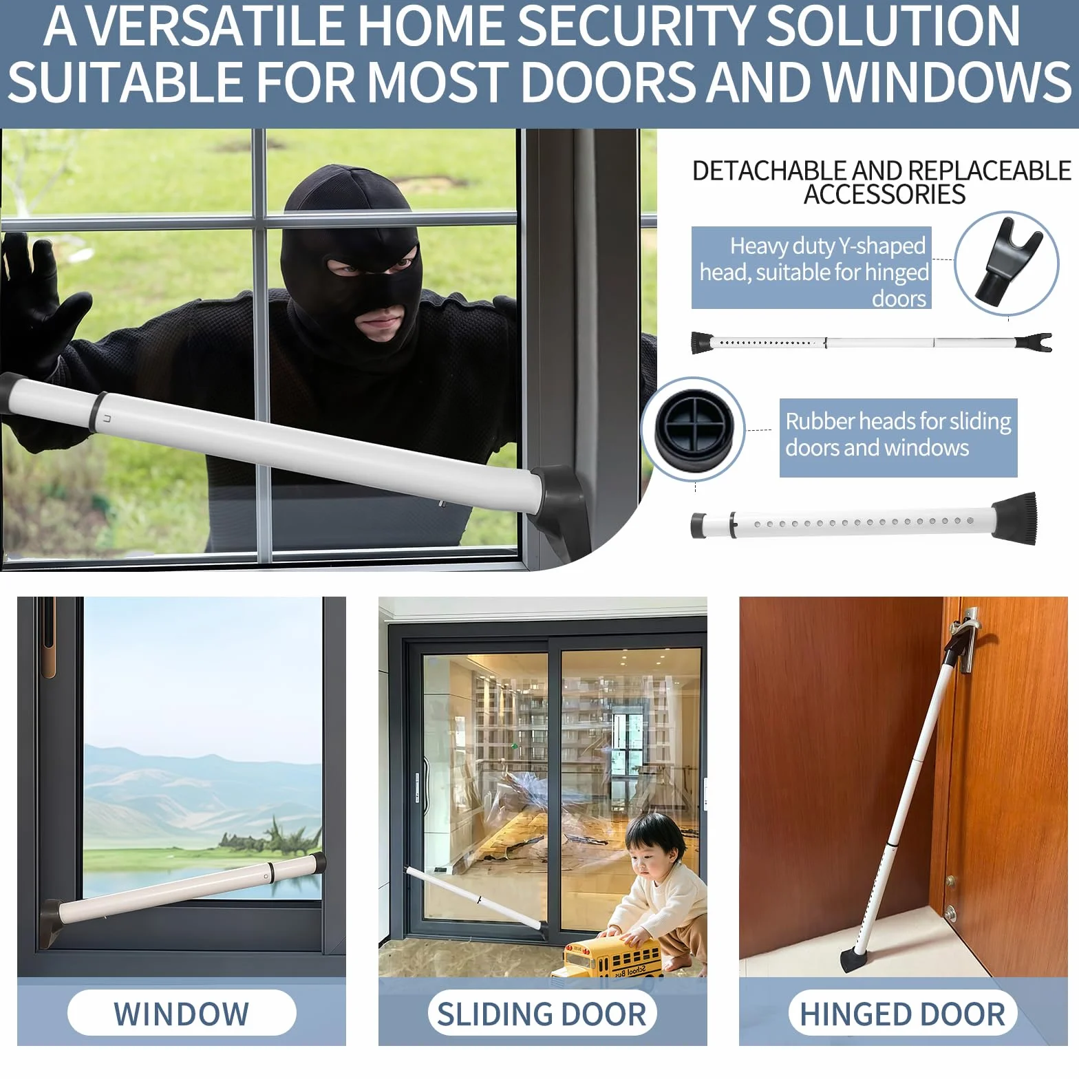 Barra de seguridad multifuncional mejorada para puerta y barra de ventanas correderas, topes ajustables resistentes para apartamento, hogar, habitación de hotel