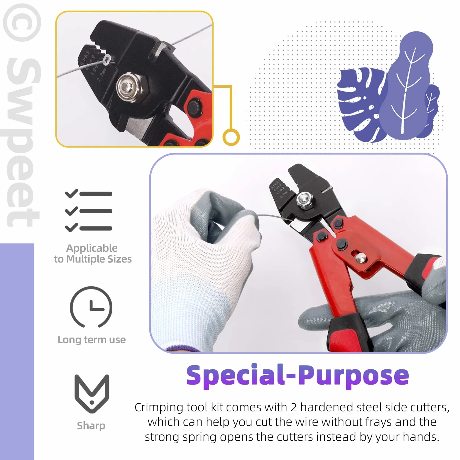 Swpeet 165 herramientas profesionales de crimpado de cuerda de alambre de hasta 2,2 mm y cortador de cables, manga de doble bucle de crimpado de aluminio con dedal de acero inoxidable y kit