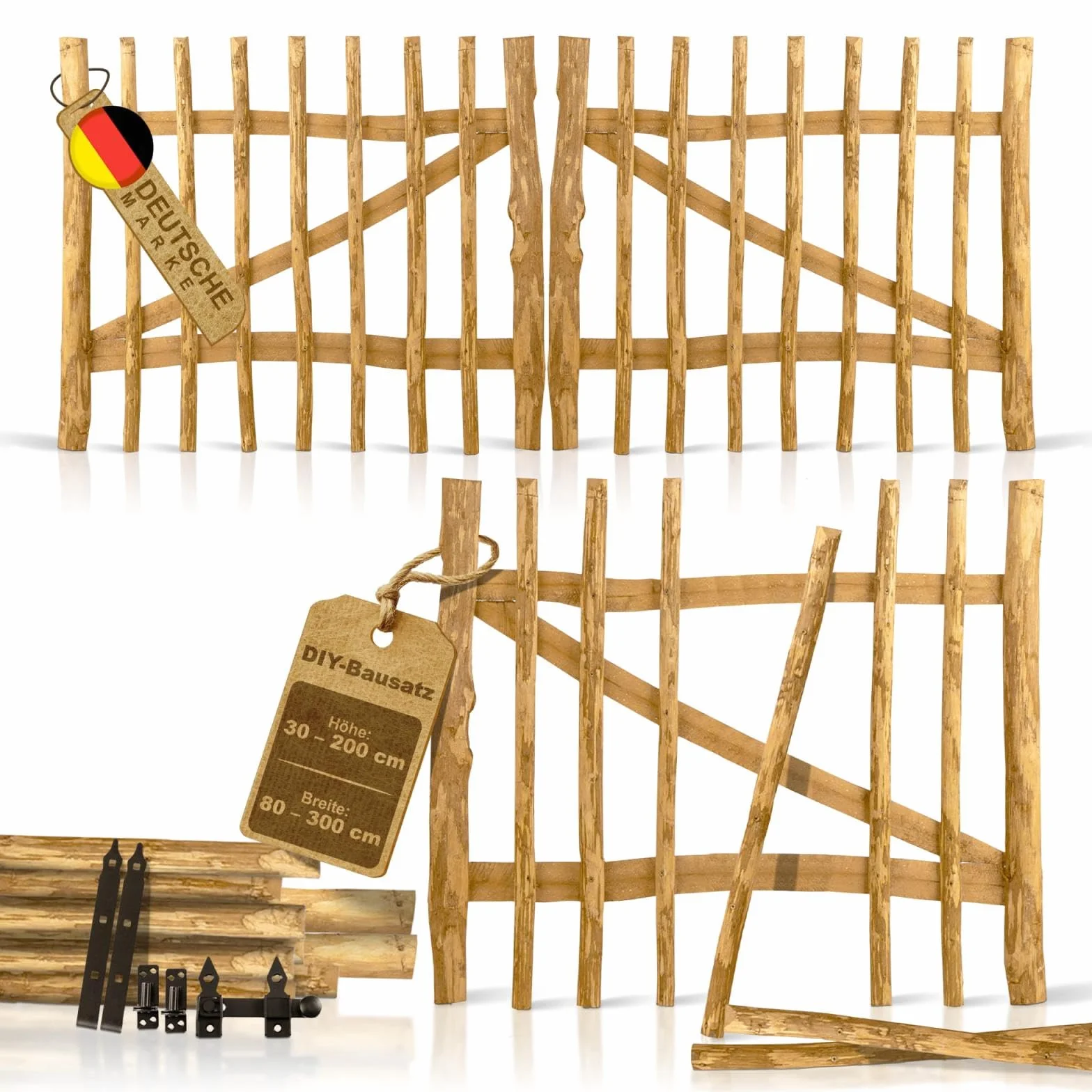 Juego de puerta de jardín avellana 120 tamaños • 80-300 cm de ancho • 80-150 cm de alto • 3-5 o 7-9 cm de distancia entre listones • Ancho 300 cm • Altura 100 cm 3-5 cm