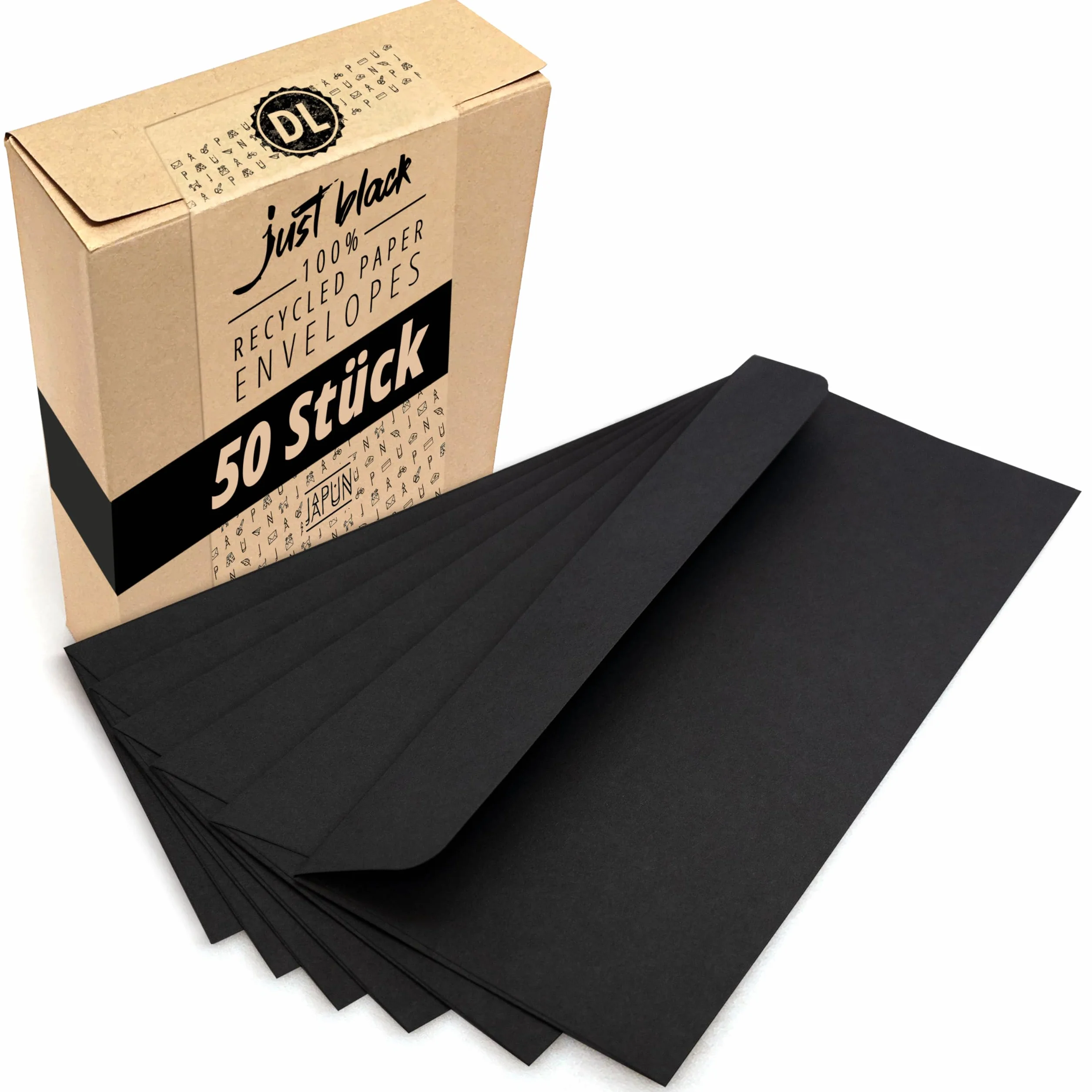 Japun - sobres (50 piezas) de papel, sobre sin ventana - DIN largo - 220x110 mm - negro
