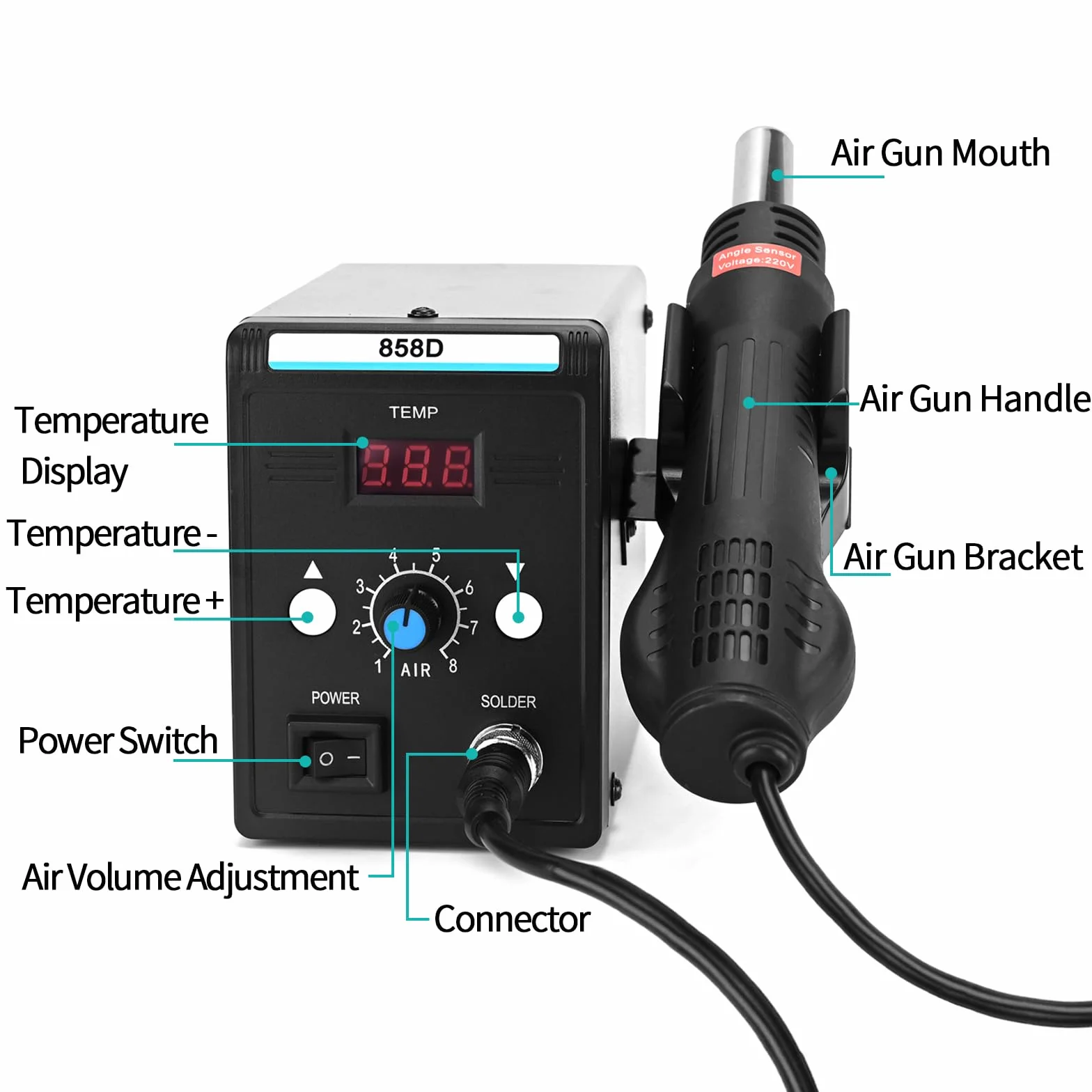 Estación de retrabajo de aire caliente con pantalla LCD, estación de soldadura de temperatura y volumen ajustable 858D, 3 boquillas de aire caliente, 700 W para soldadura y reparación SMD