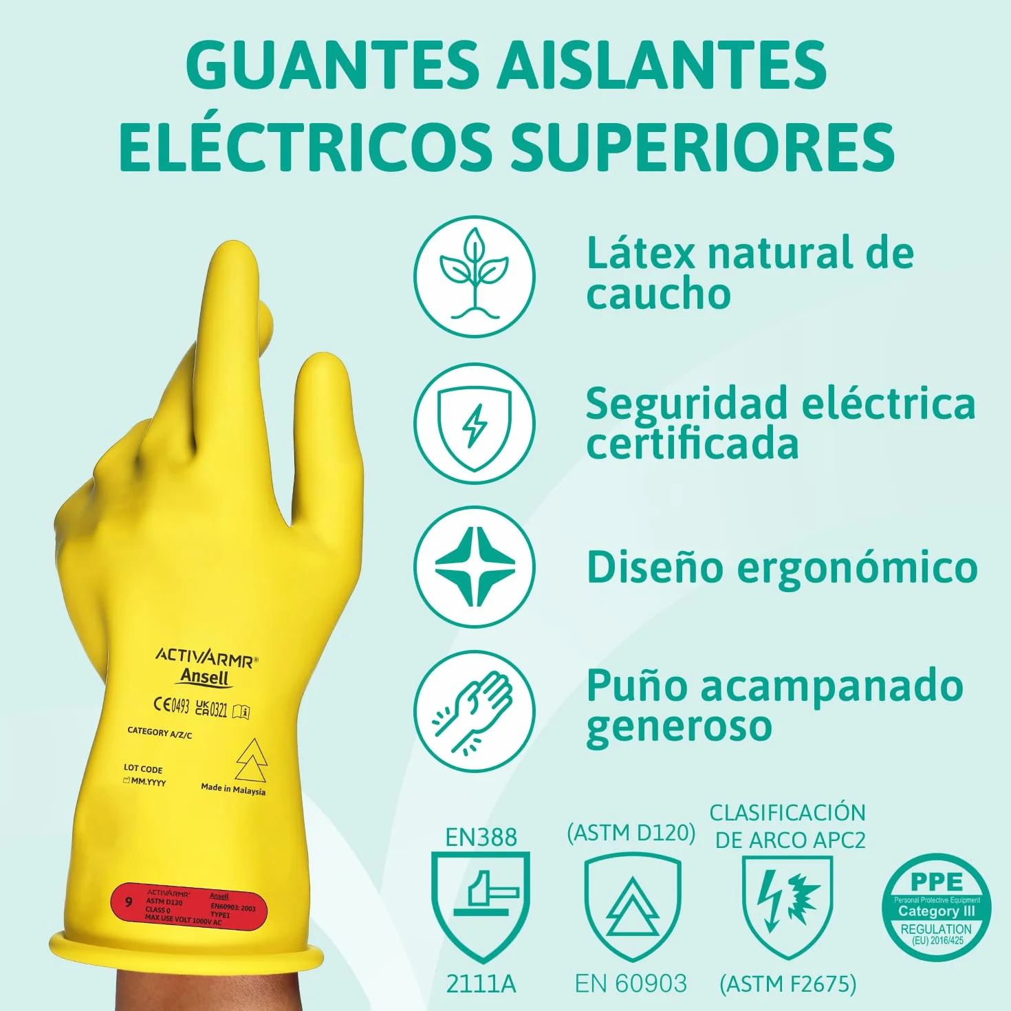 Ansell ActivArmr Guantes Aislantes Dieléctricos, Protección Eléctrica Class 0 (Tensión 1000V), Trabajos con Electricidad, Látex de Caucho Natural, 28cm, Amarillo, Talla XL (1 Par)