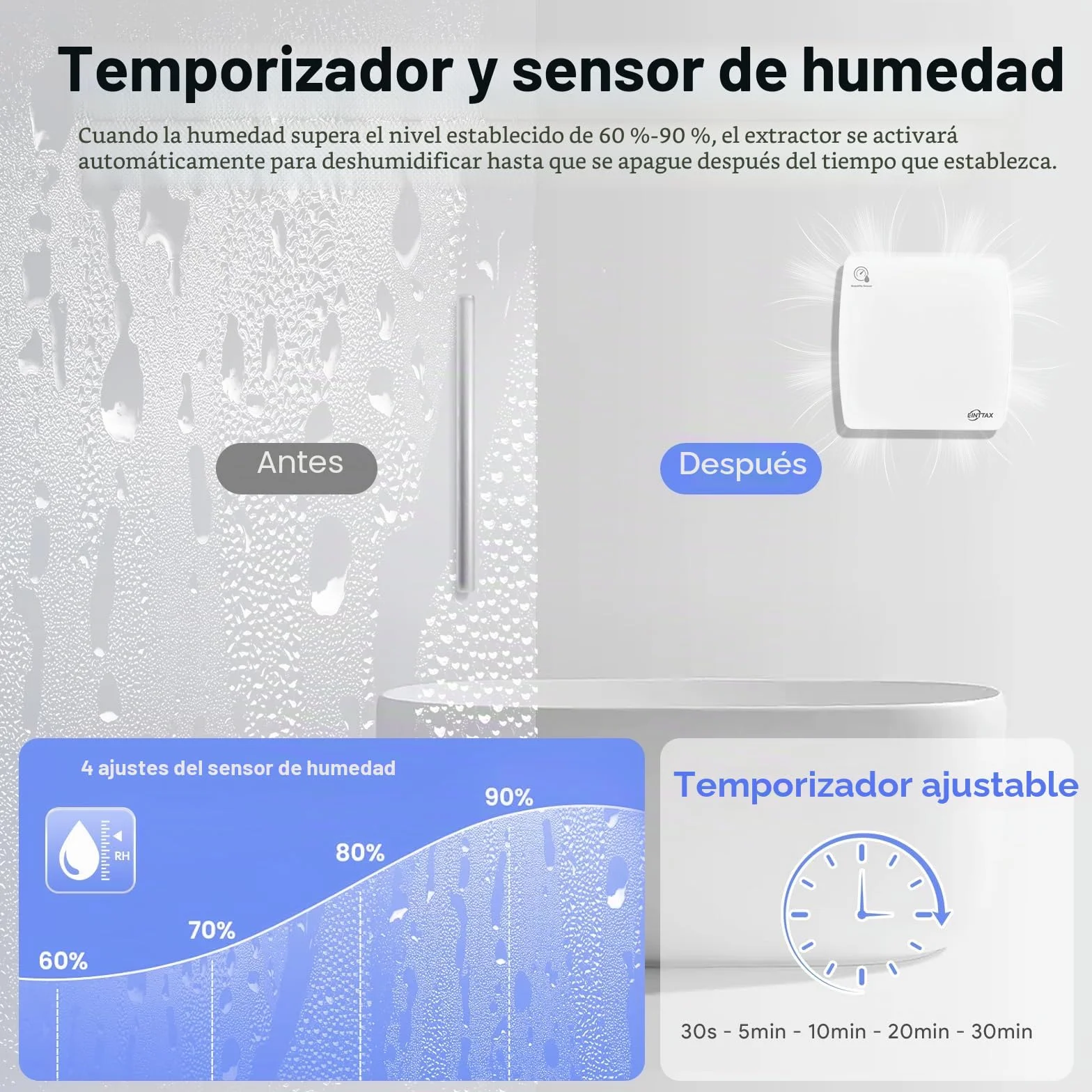 Ventilador extractor silencioso 100 mm baño sensor humedad temporizador blanco cuadrado 95 m³/h pared ventana cocina ducha