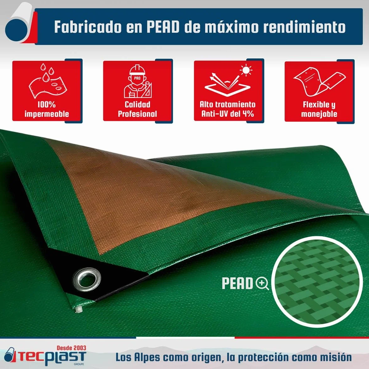 Lona Impermeable 4x5 m - TECPLAST - HQ250MU - Verde y Marrón - Máximo Rendimiento - Lona Exterior - Anti Rayos UV