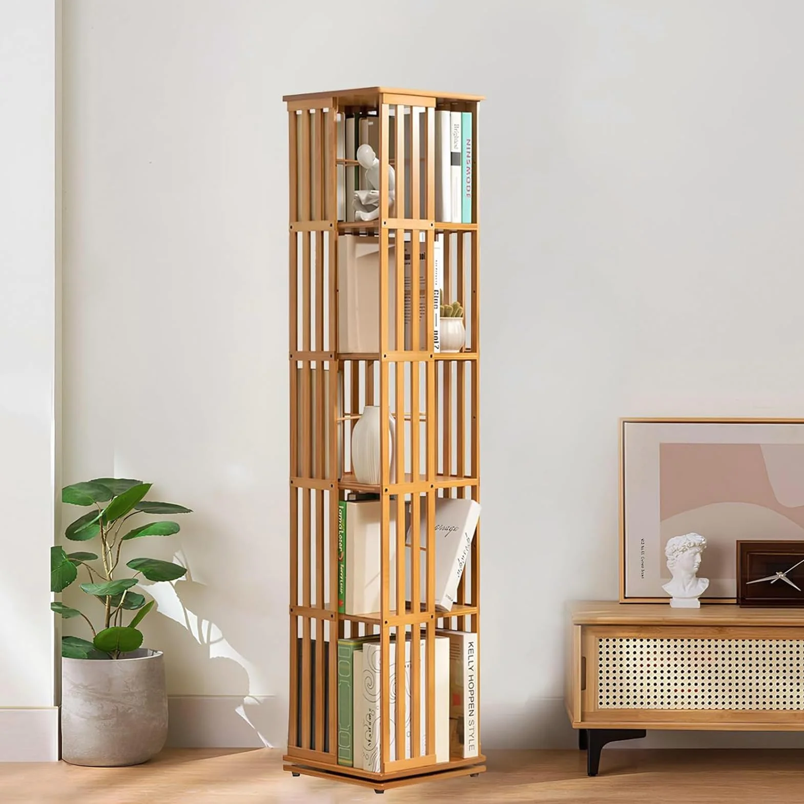 Biblioteca giratoria de bambú a niveles, estante giratorio de 360° con vitrina de esquina, estante para libros y decoración - Estantería de almacenamiento para niños y adultos - Biblioteca