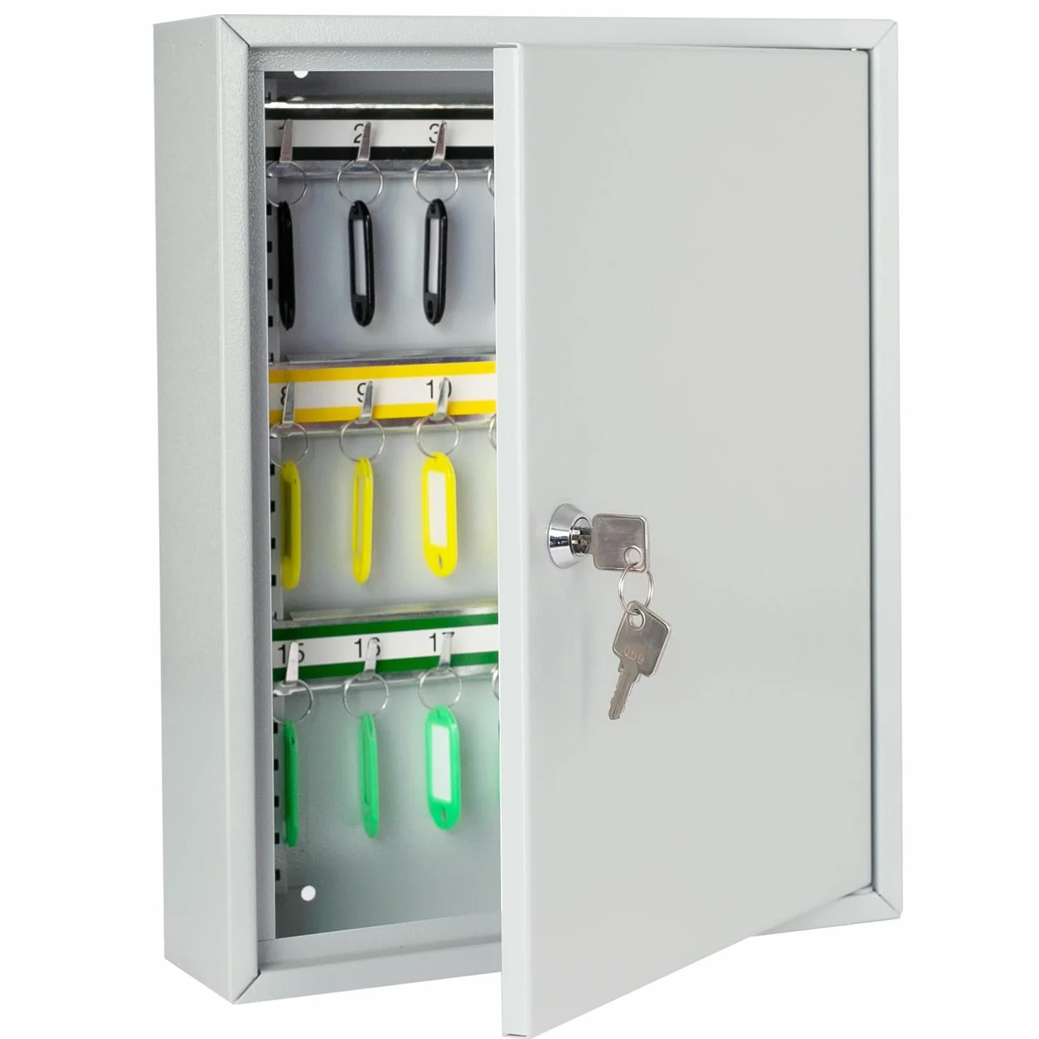 HMF Armario para Llaves de Acero, Caja de Llaves con Cerradura para Oficina, administración o Flota de vehículos | 42 Ganchos para Llaves | 35 x 27 x 8 cm | Gris Claro
