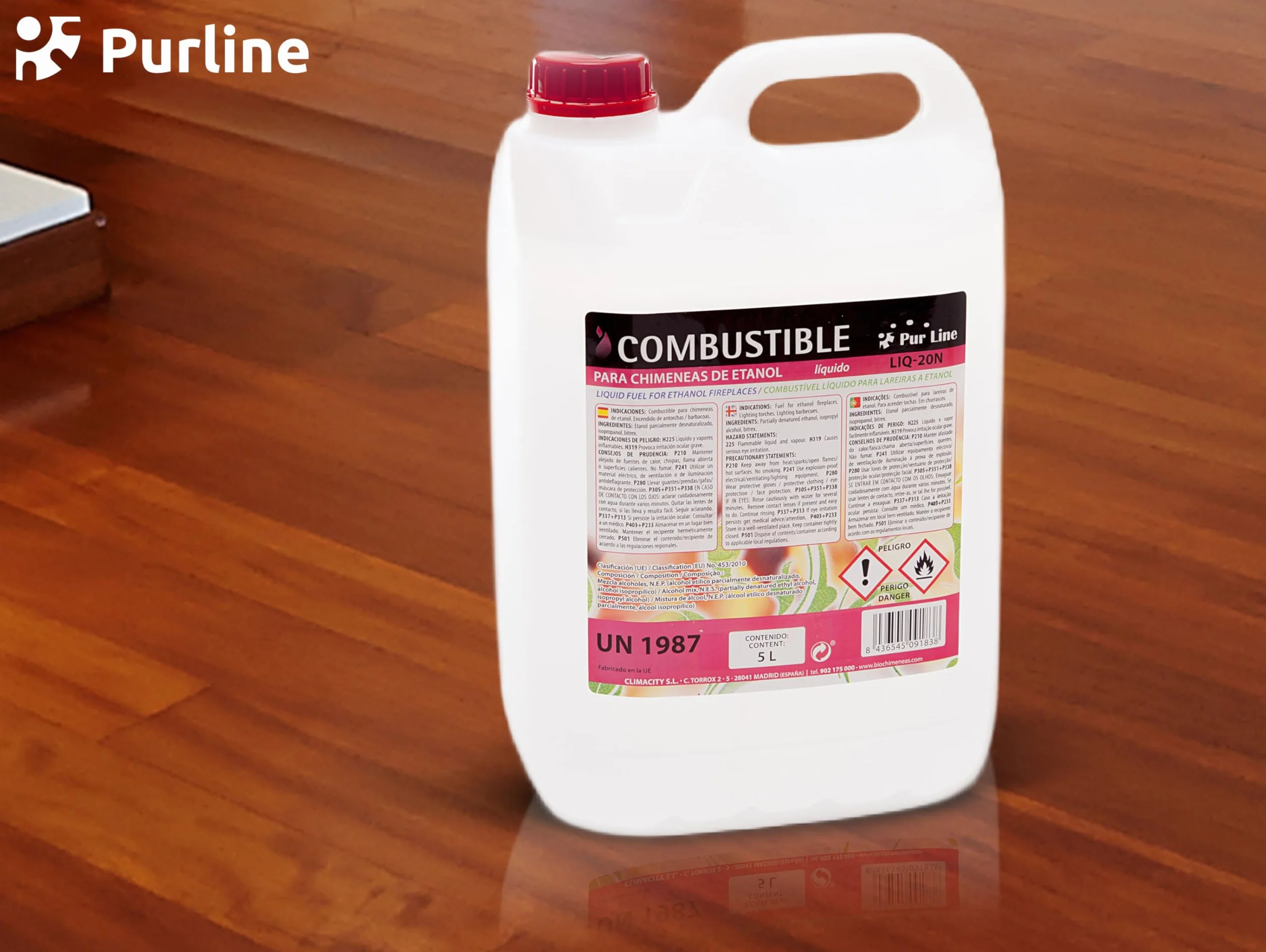 PUR LINE | Bioetanol 5L 96% Combustible para Chimeneas y Estufas, Sin Humo y Alta Combustión - Bioetanol Líquido para Biochimeneas, Quemadores y Uso Interior/Exterior
