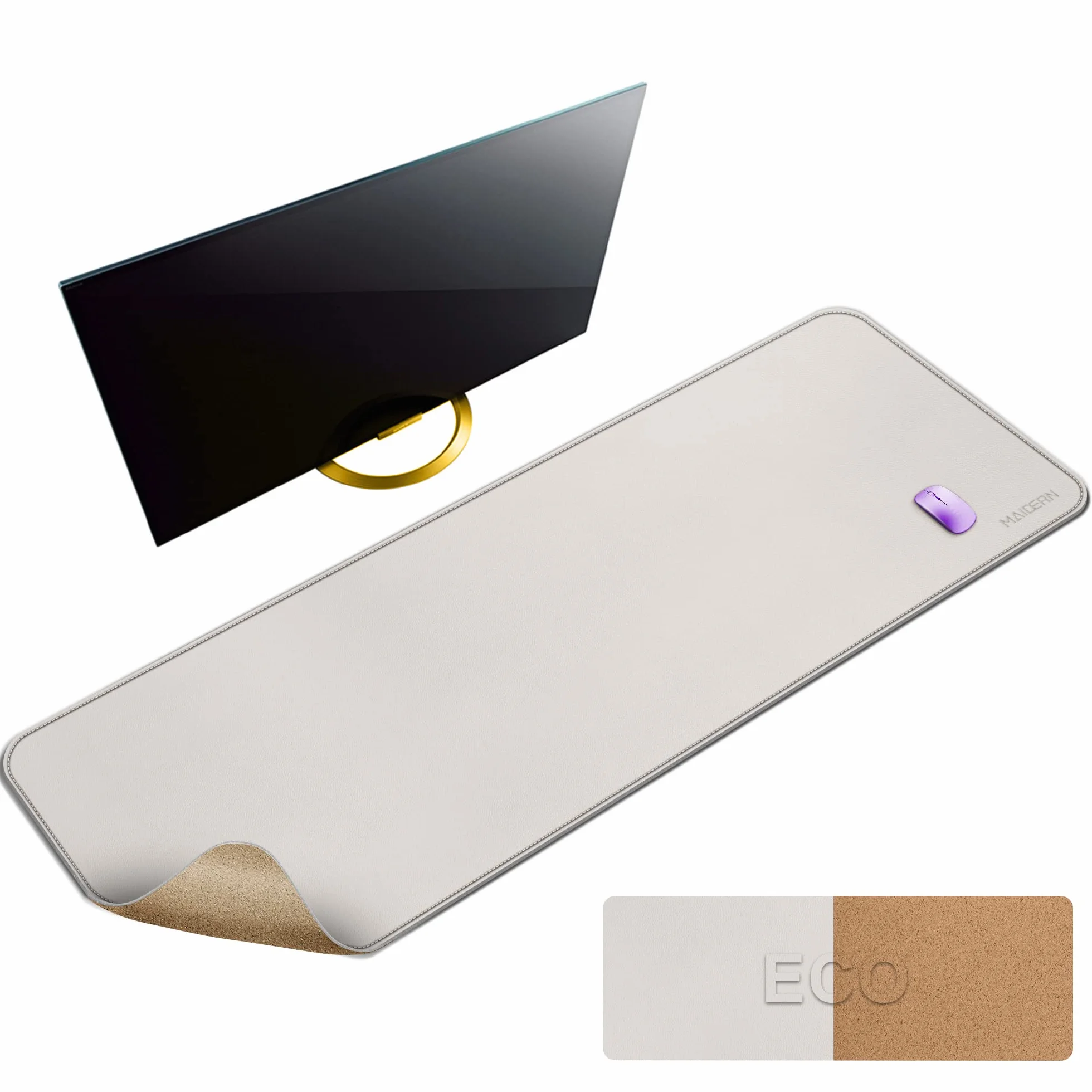 MAIDERN Alfombrilla de escritorio de corcho y piel de,140x60cm alfombrilla ratón, XXL alfombrilla de escritorio de doble cara, protector mesa escritorio para juegos en casa y oficina (Crema)