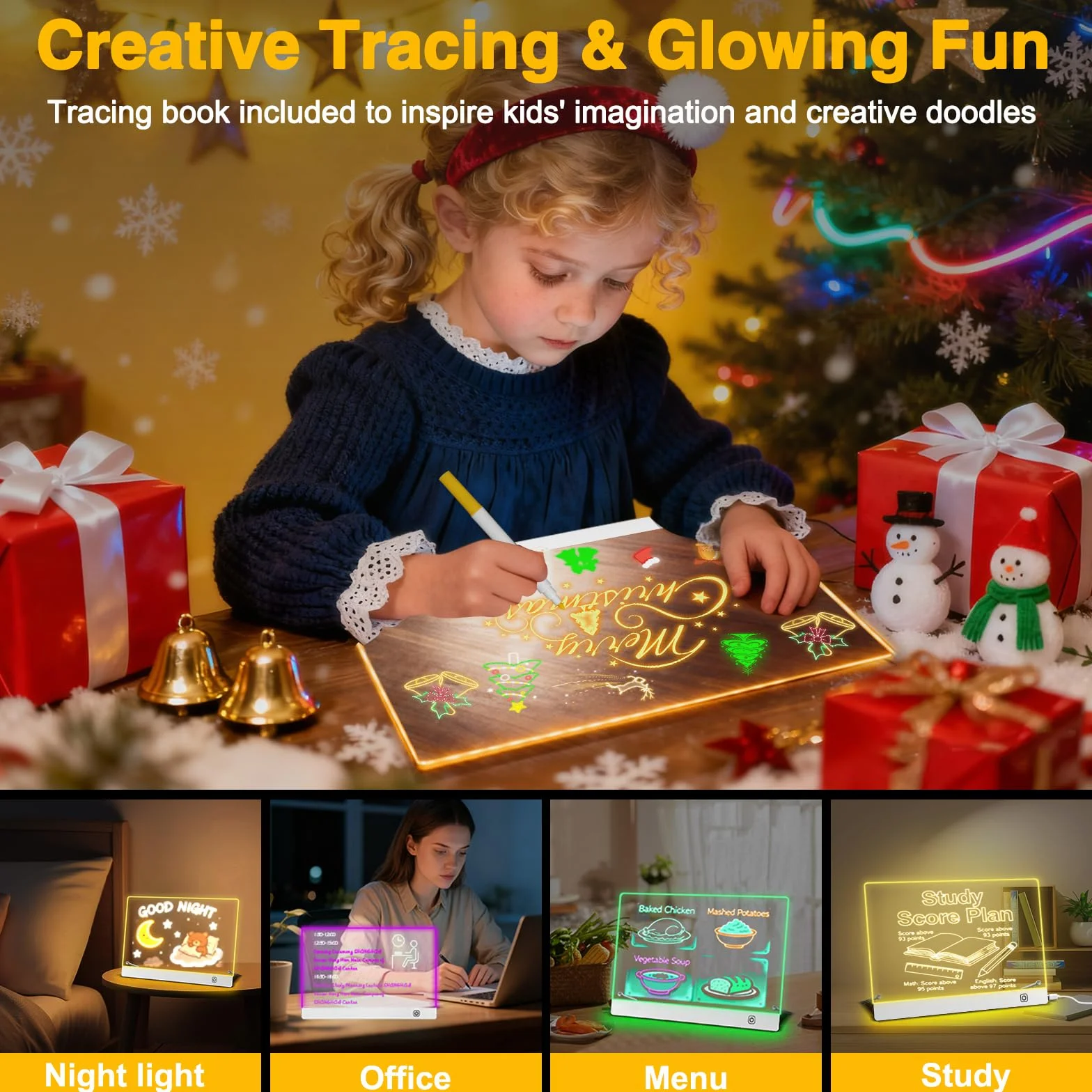 Tablero Acrílico Luminoso LED 30x20cm 7 Colores Bolígrafo Soporte Ajustable