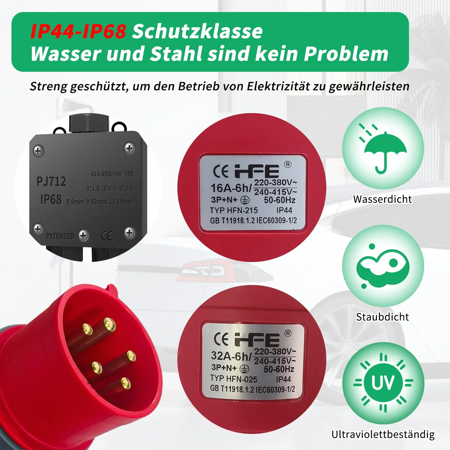 Adaptador CEE de alta tensión de 32 A a 16 A, 2 enchufes CEE de 230 V, 16 A y 5 polos, cable alargador IP44-68, distribuidor alta tensión para camping, exteriores, industria, obras y talleres - 1,5 m