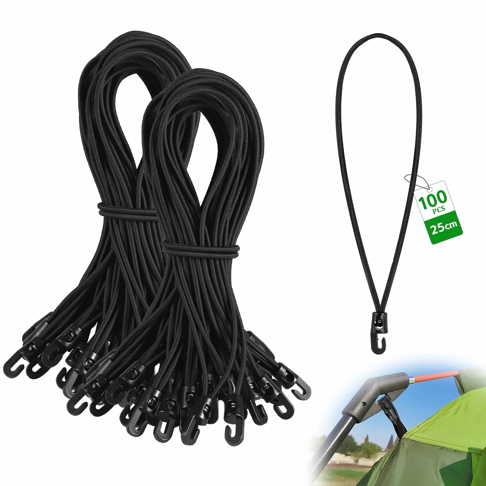 100 Piezas Goma tensora con Ganchos 25 cm Tensor elástico con Gancho Ø 4 mm Negro Cuerda elástica con Ganchos Tensor para Cortinas de jardín, pabellones, Tiendas de campaña, Banner, Carteles