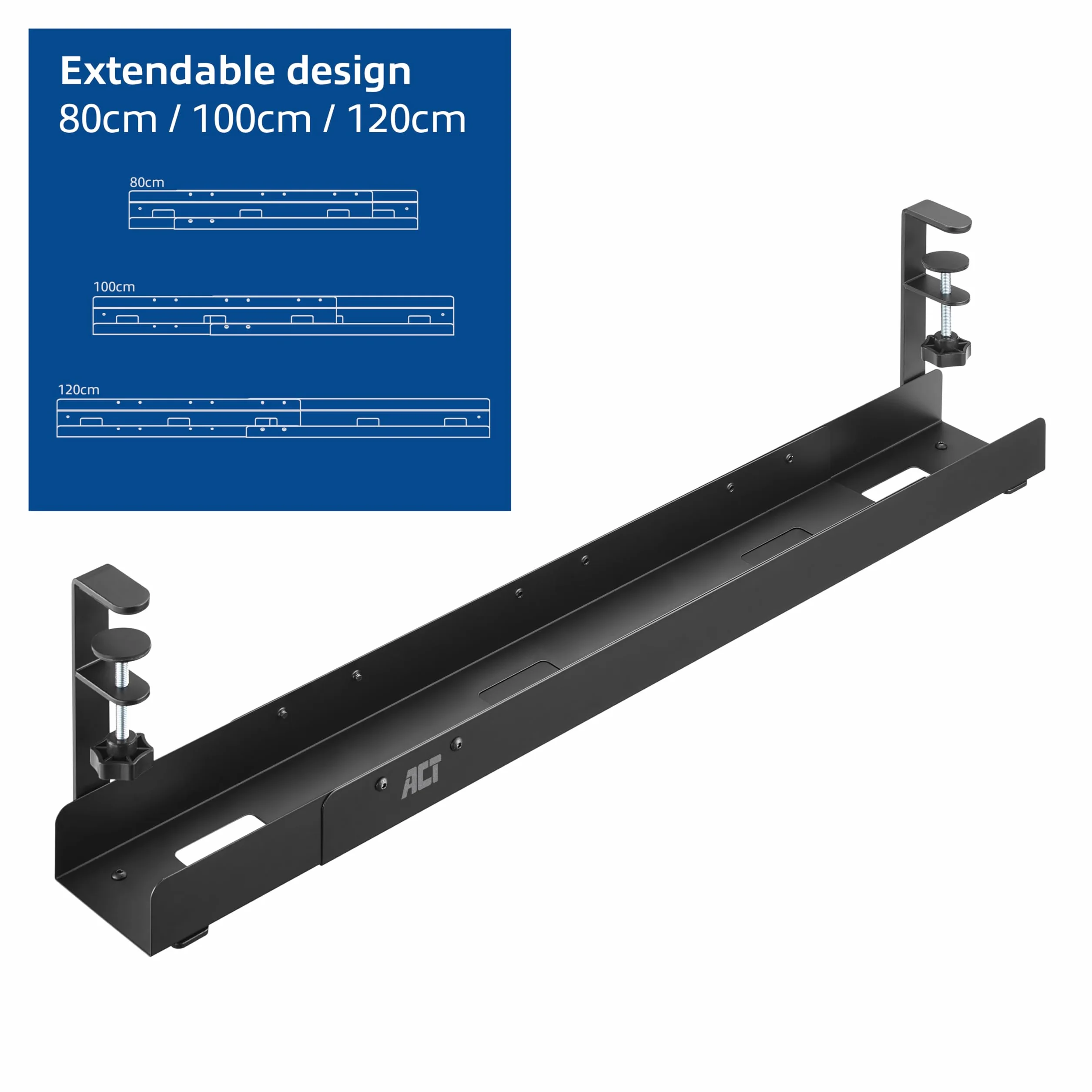 ACT Organizador de Cables Extensible para Escritorio, sin taladrar, con Soporte de Pinza, Organizador de Cables para PC, Bandeja de Cables para el Lugar de Trabajo AC8376