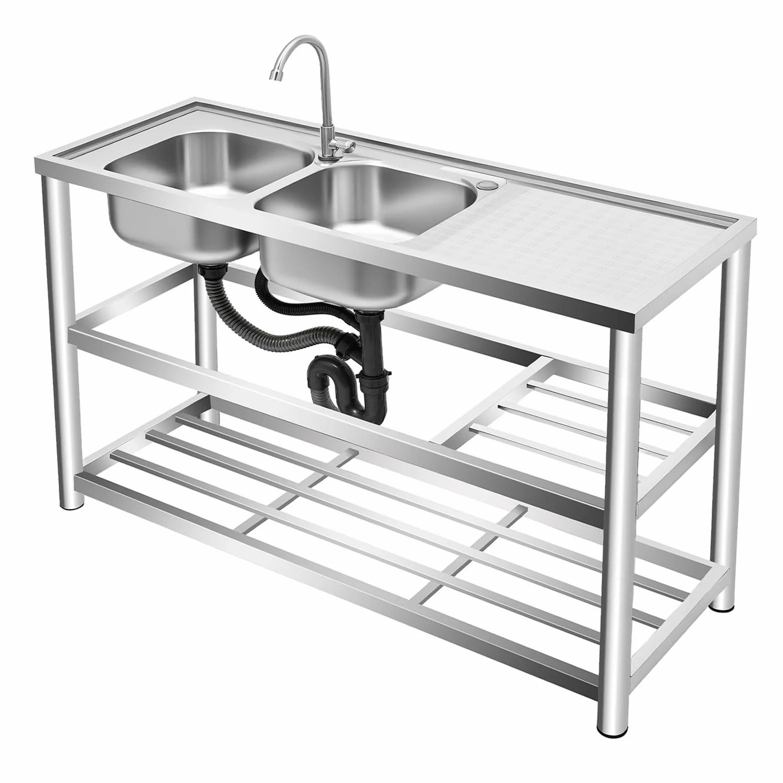 Fregadero de cocina independiente, 2 cuencos, doble, de acero inoxidable, comercial con grifo, soporte y drenaje, para exterior e interior