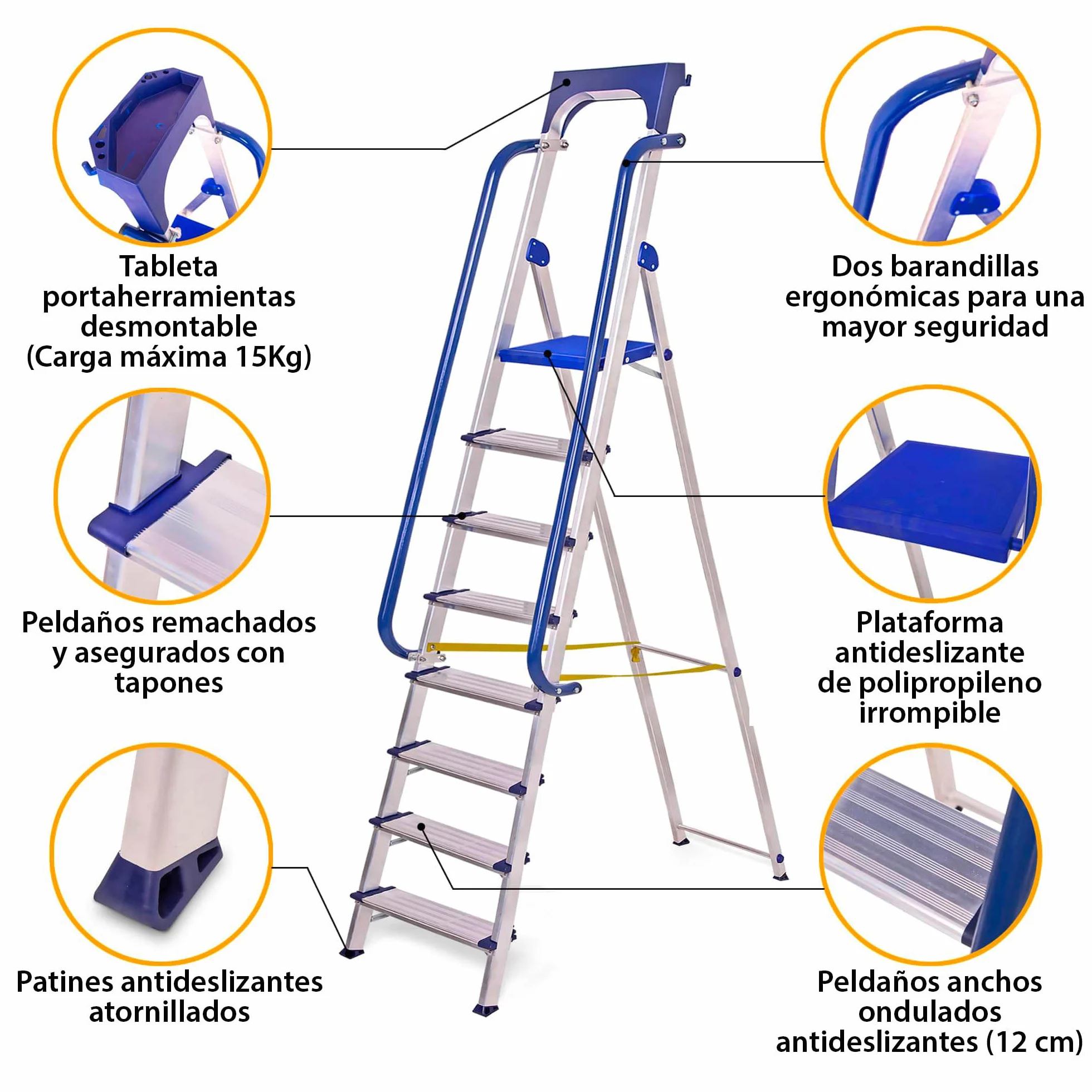HOSTRÖM Escalera de Tijera de 8 peldaños Secure Pro, Aluminio Reforzado, Segura con barandillas, Bandeja portaherramientas, Altura de Plataforma 182 cm, garantía de 5 años