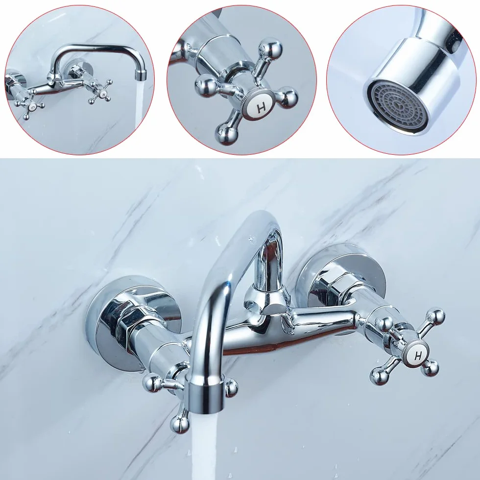 Grifo montado en la pared, Grifo Doble de dos manijas para cocina, Grifo Lavadero, Grifo de cocina nostálgico, regulador giratorio, retro, instalaciones de baño, plata