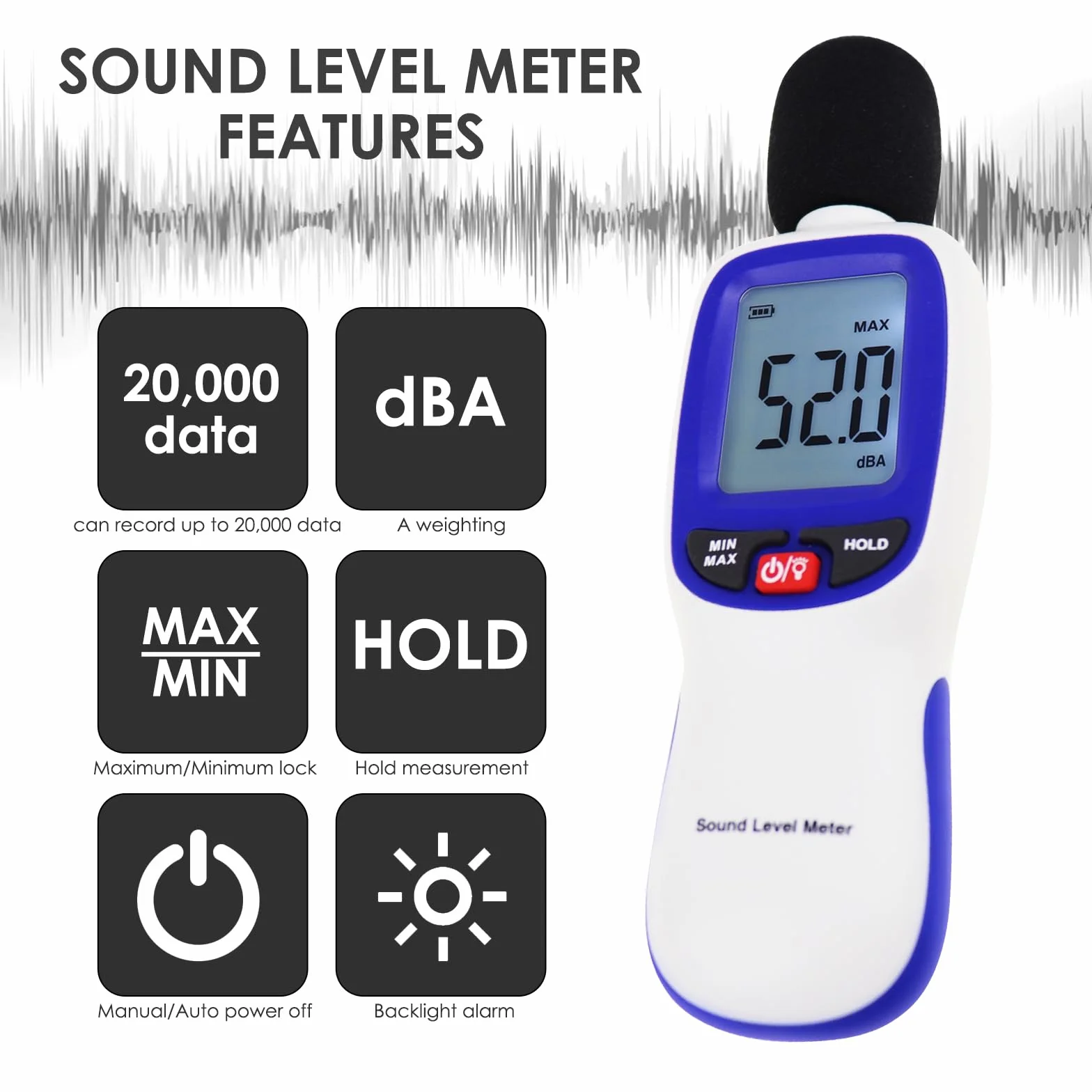 Medidor de decibelios inalámbrico Bluetooth 30~130dBA SPL de alta precisión portátil