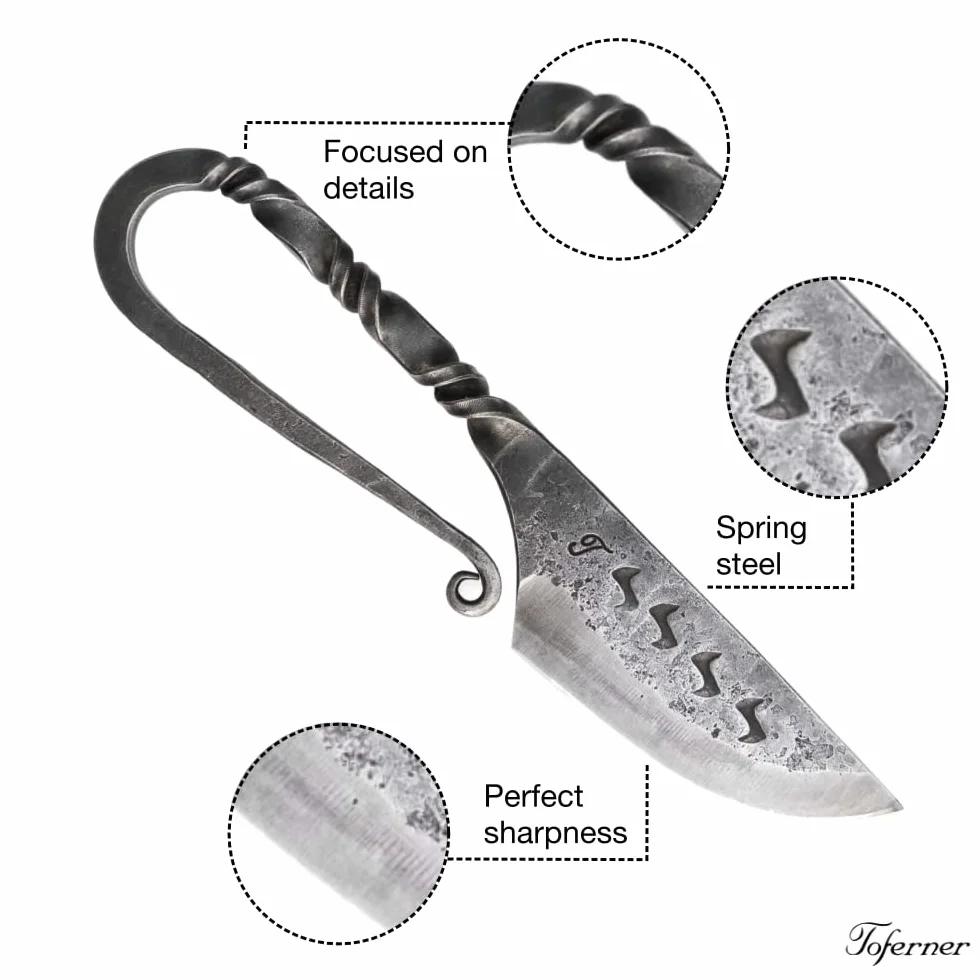 Toferner - Cuchillo de acero celta - Forjado a mano y aspecto vintage - Hoja puntiaguda ultra afilada - Elegante diseño antiguo - Incluye estuche de cuero auténtico