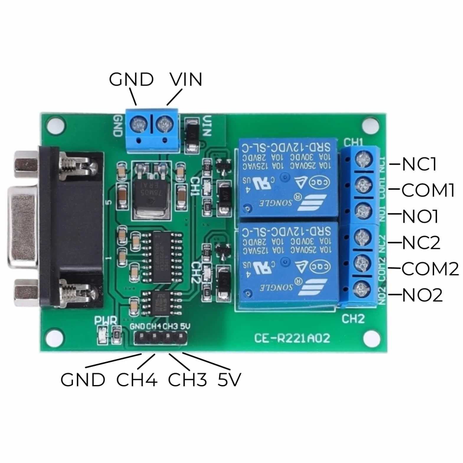 Módulo Relé DC 12V 2 Canales con Interfaz DB9 Protocolo UART RS232 Placa de Control Remoto para Circuito