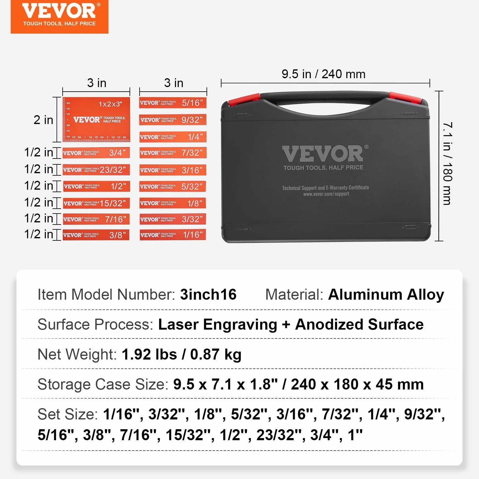 VEVOR Bloques de configuración de herramientas para carpintería juego de bloques medidores de altura de precisión de 16 piezas con marcas de tamaño claramente grabadas con láser con estuche