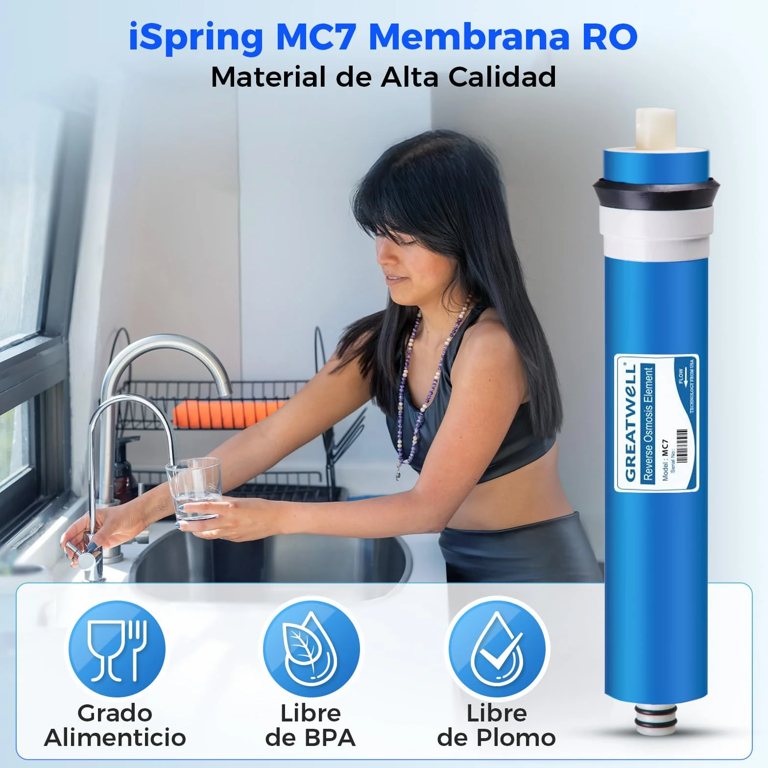 iSpring Greatwell MC7 Membrana de Ósmosis Inversa 75 GPD 11.75" x 1.75", Repuesto para Sistema de Filtración de Agua Potable RO Estándar debajo del Fregadero