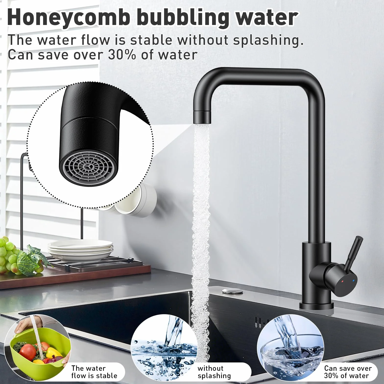 Grifo Cocina, Grifos Cocina Fregadero Giratorio 360°, Grifo de Cocina Agua Caliente y Fría de Acero Inoxidable 304,Cozinha L Monomando-Grifería Monomando con conectores 3/8-Schwarz