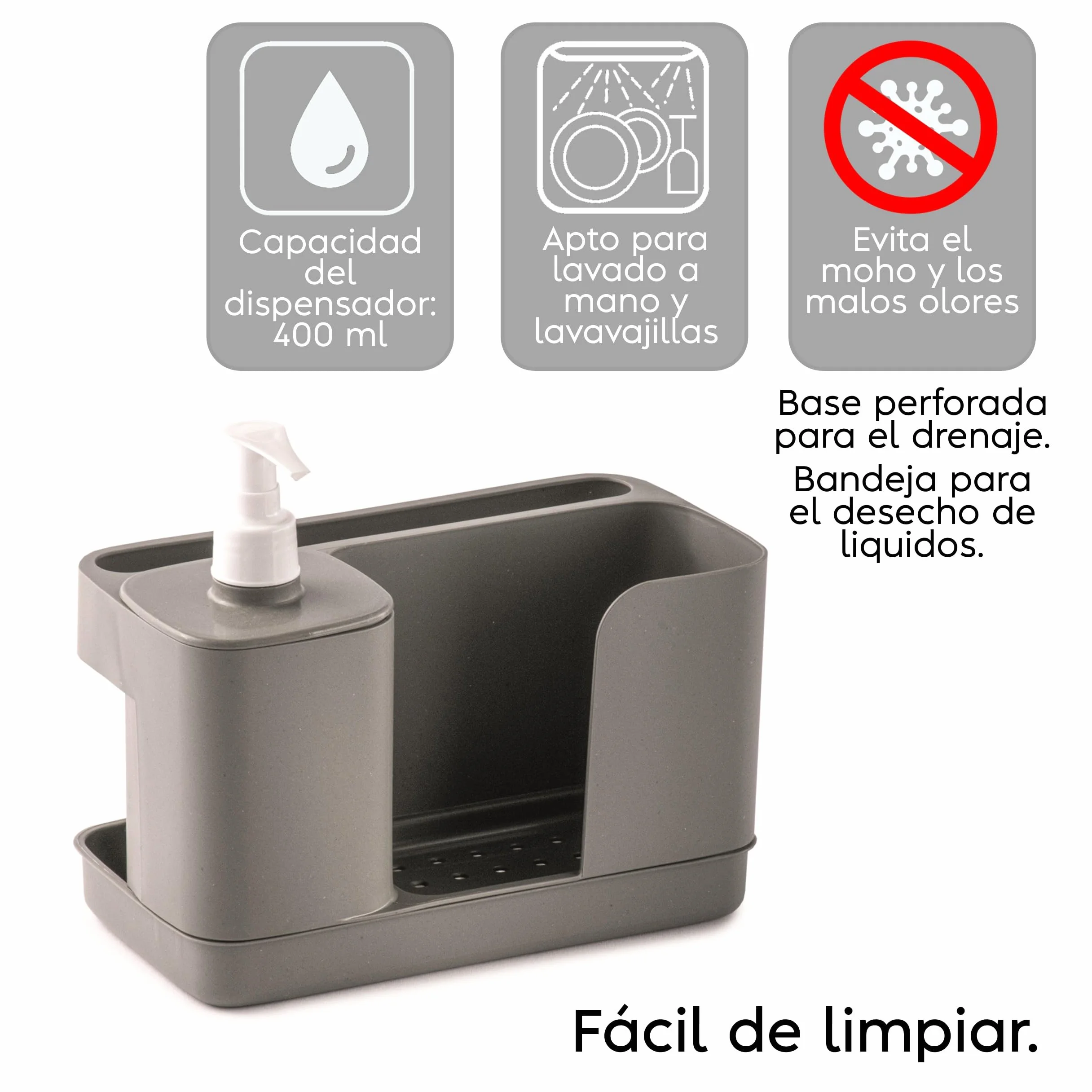 Riordinello Dispensador Jabón Baño Cocina 400 ml Organizador Fregadero Esponjas Bandeja 21x12x18 Gris
