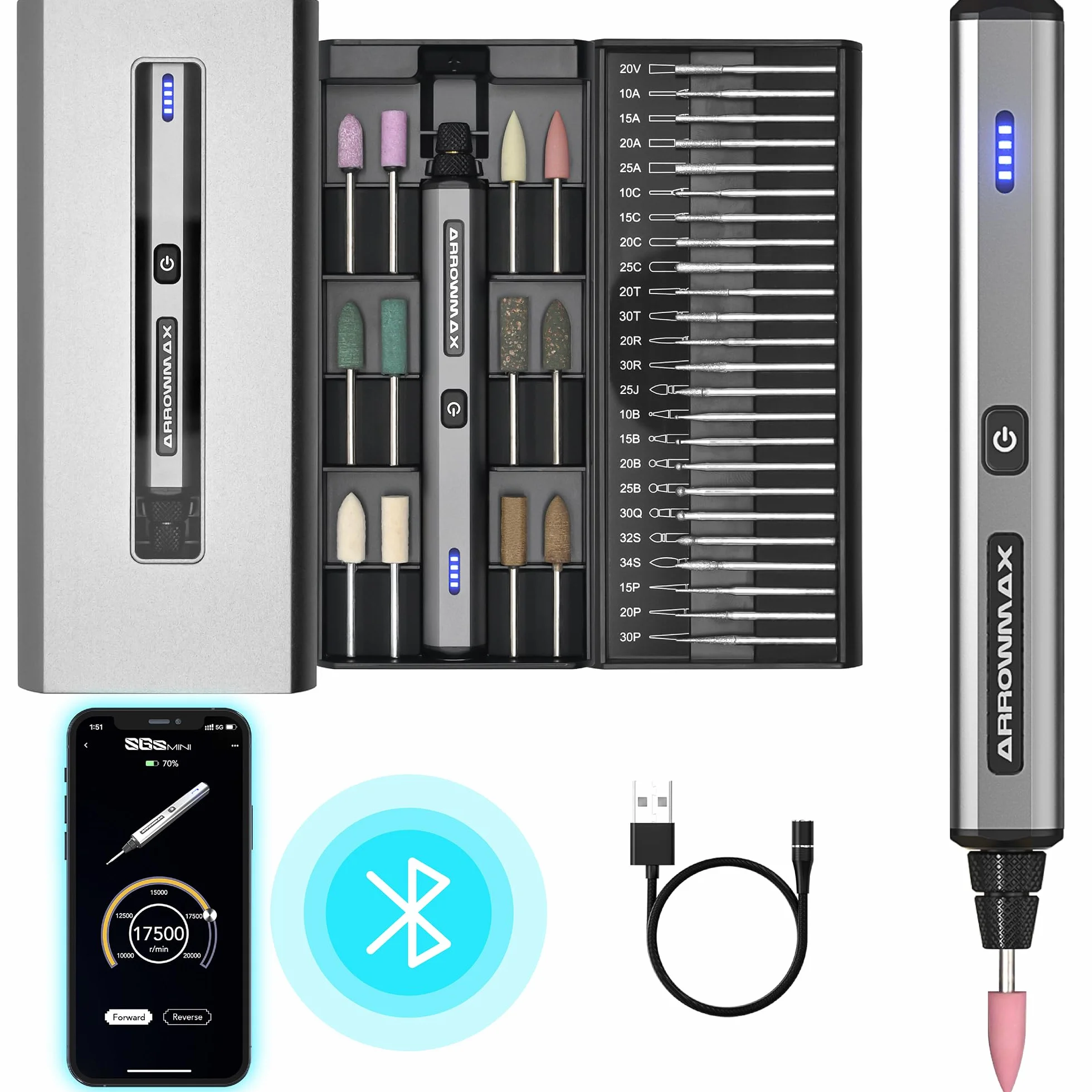 ARROWMAX Herramienta rotativa eléctrica inalámbrica, pluma de grabado con 36 bits, caja de aluminio, Bluetooth, aplicación, carga magnética inalámbrica, madera, vidrio, tallado (SGS MINI)