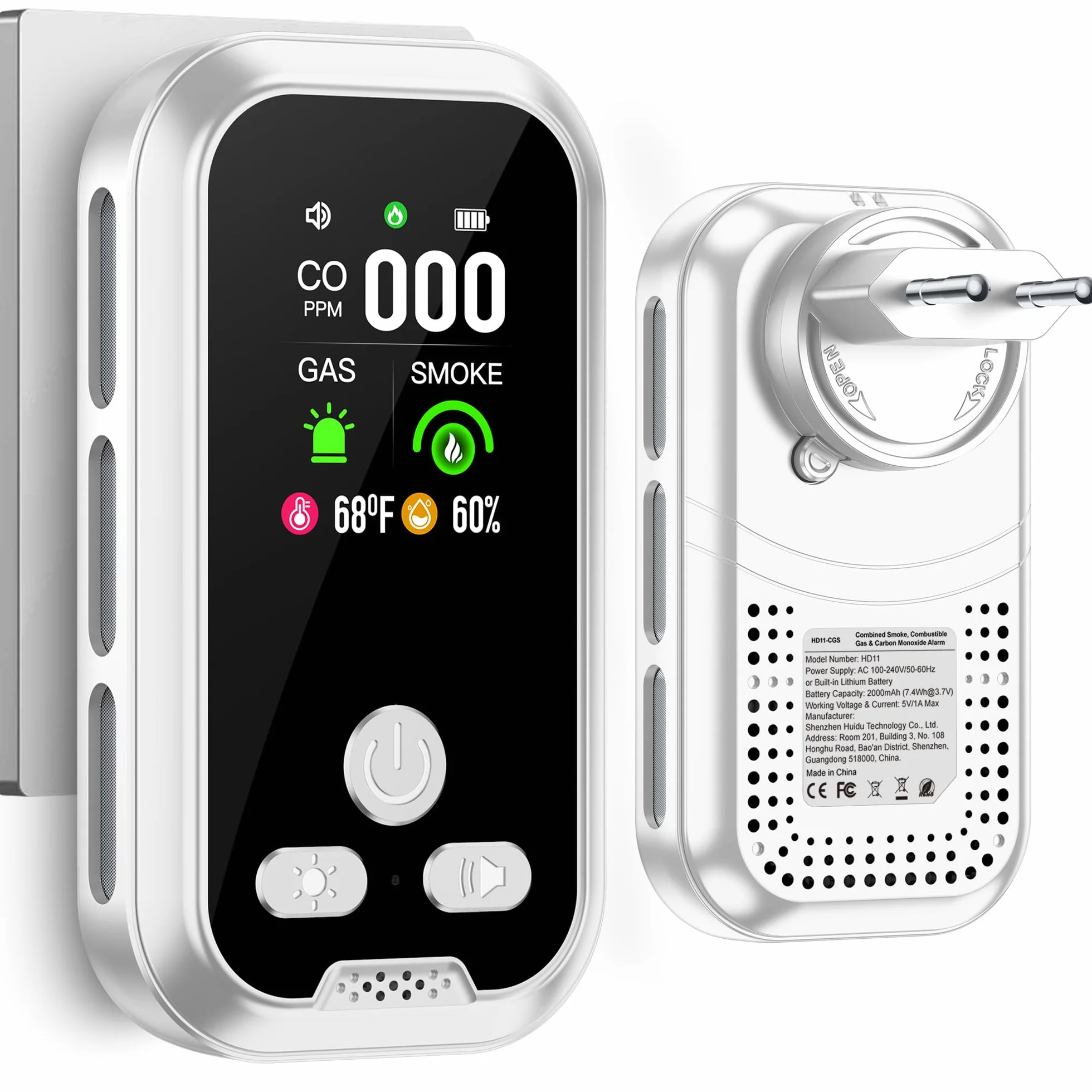 Plug in 5in1 Detector de Humo & Monoxido de Carbono & Combustible Gas Combinación con Batería de Respaldo 2000mAh & HD Pantalla [CO Humo Gas Humedad Temp Sensor] para de Casa (Blanco)
